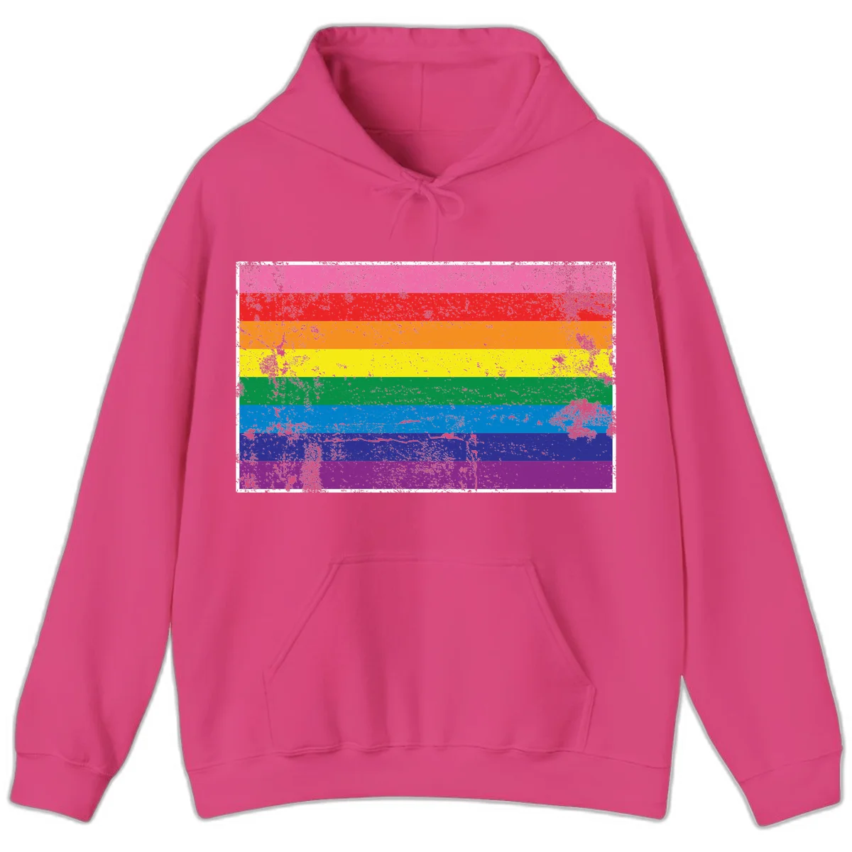 Distressed rainbow pride flag with horizontal stripes in pink, red, orange, yellow, green, blue, purple, and magenta featuring grunge texture overlay. in Heliconia