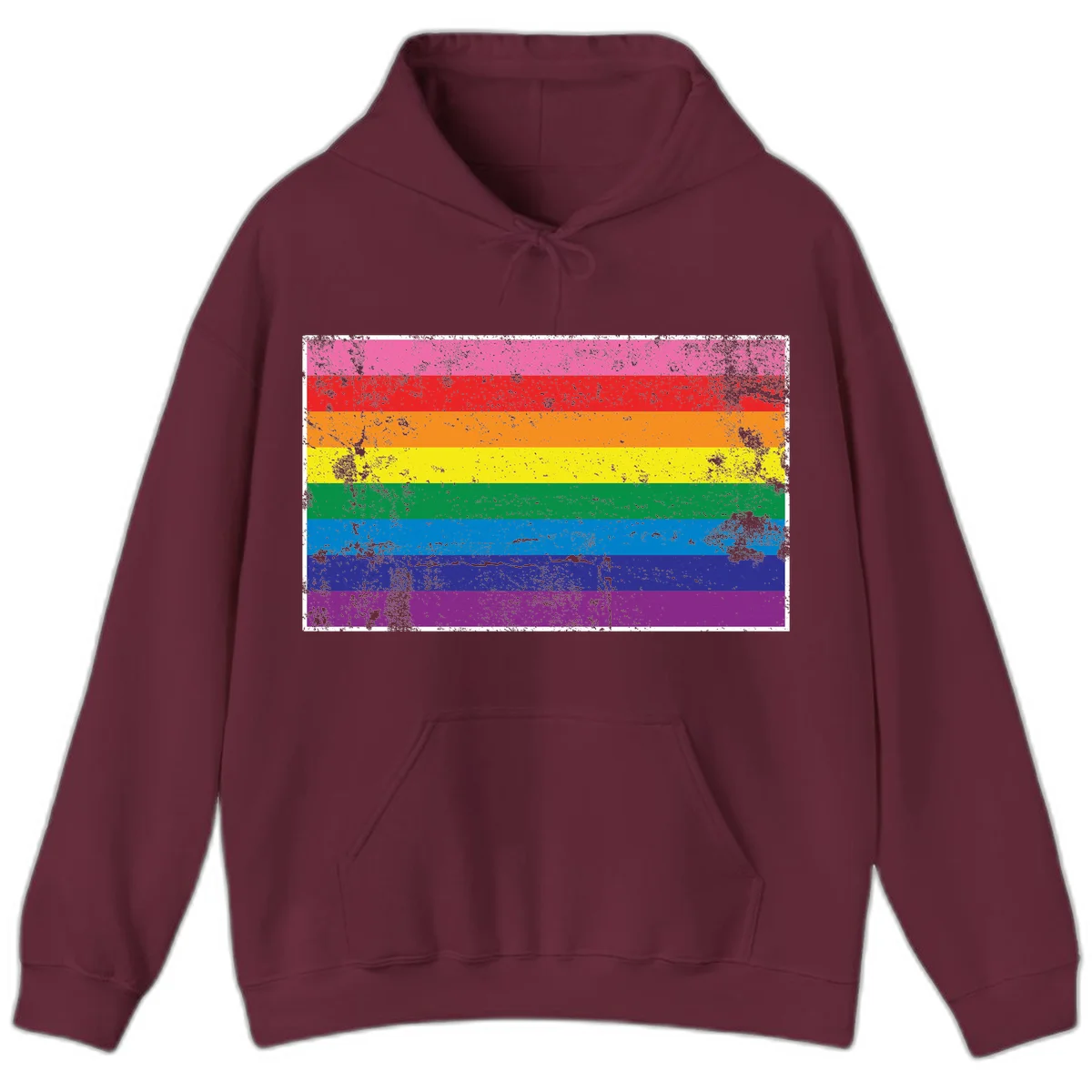 Distressed rainbow pride flag with horizontal stripes in pink, red, orange, yellow, green, blue, purple, and magenta featuring grunge texture overlay. in Maroon