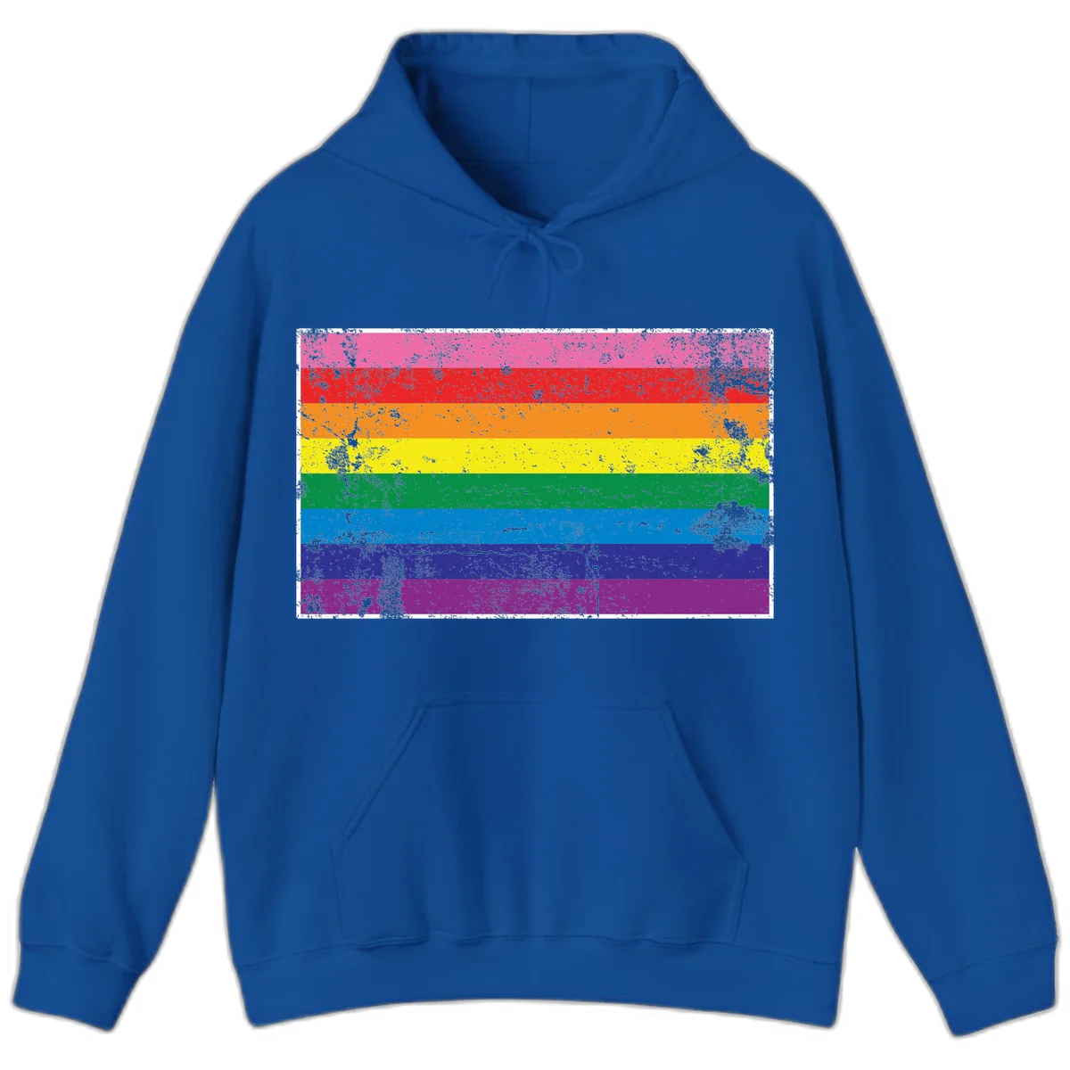Distressed rainbow pride flag with horizontal stripes in pink, red, orange, yellow, green, blue, purple, and magenta featuring grunge texture overlay. in Royal