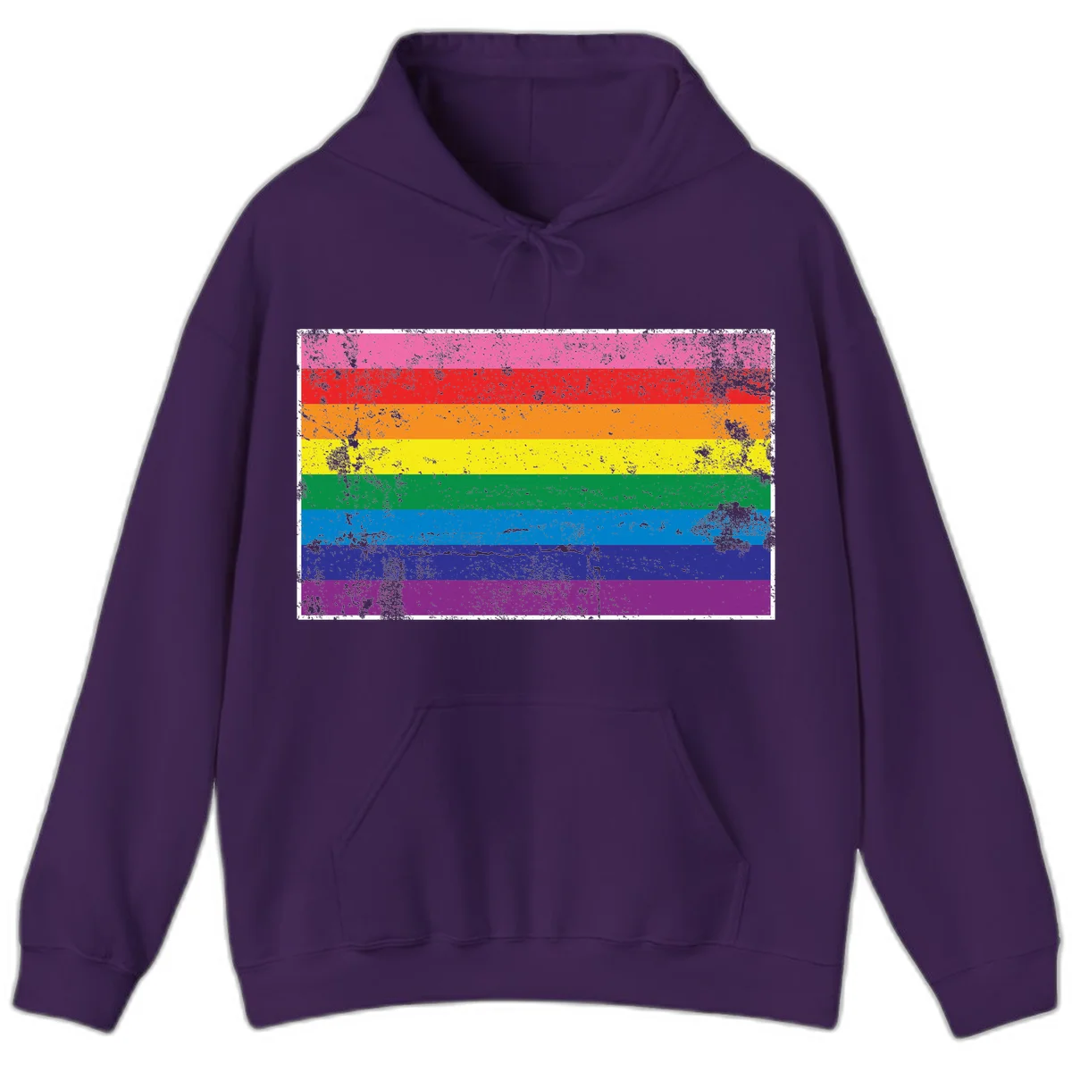 Distressed rainbow pride flag with horizontal stripes in pink, red, orange, yellow, green, blue, purple, and magenta featuring grunge texture overlay. in Purple