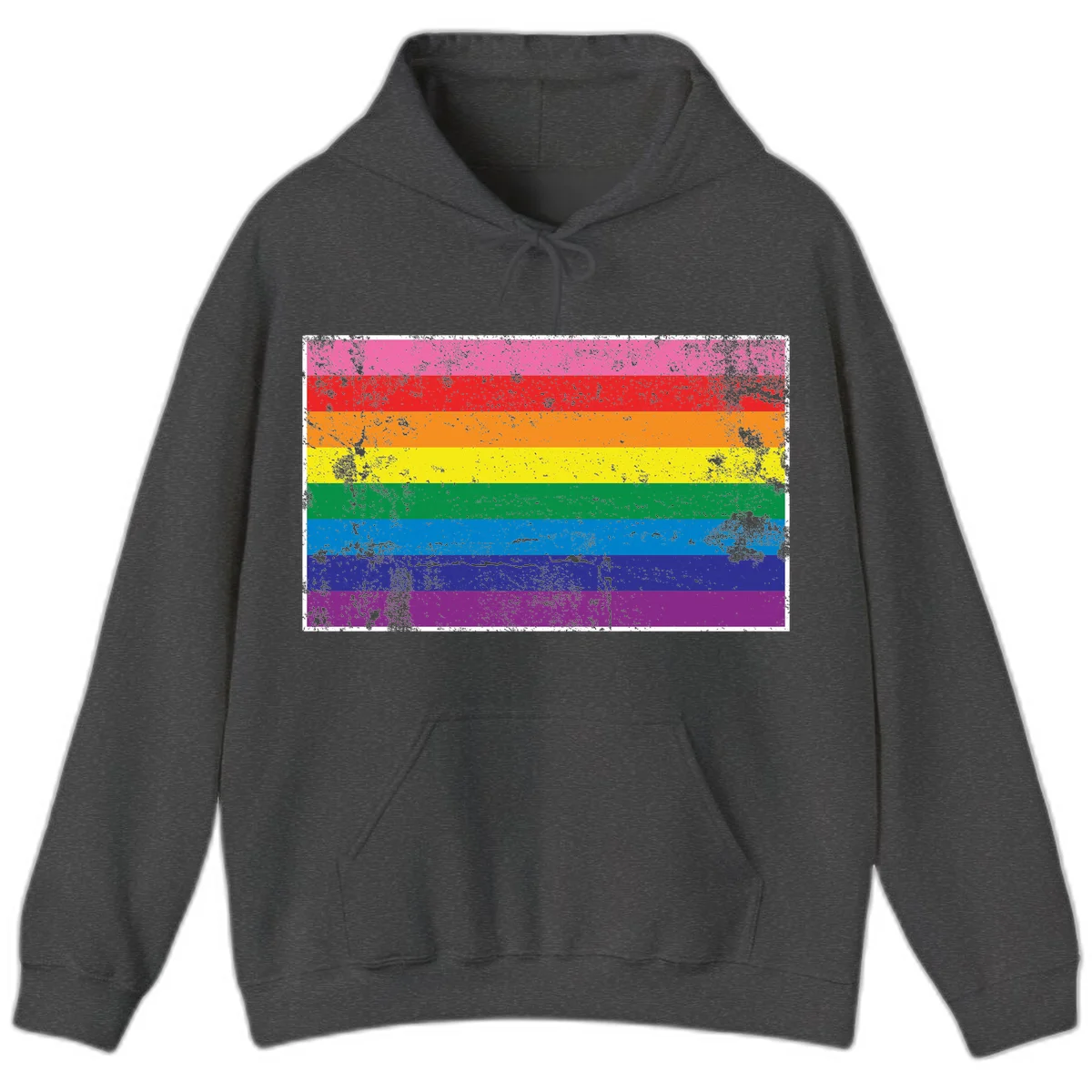 Distressed rainbow pride flag with horizontal stripes in pink, red, orange, yellow, green, blue, purple, and magenta featuring grunge texture overlay. in Dark Heather