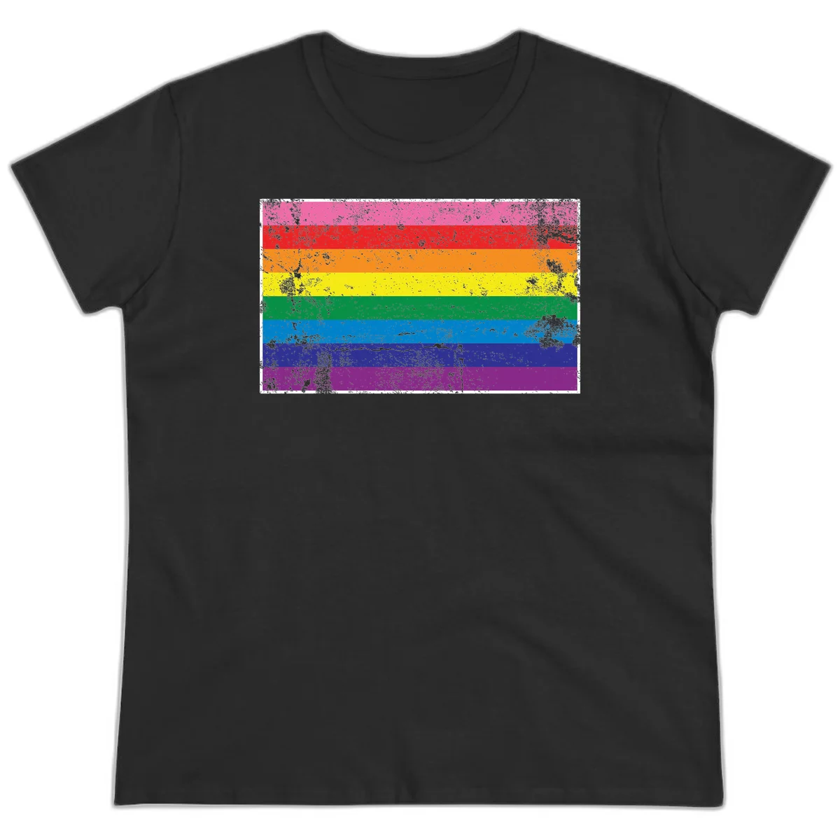Distressed rainbow pride flag with horizontal stripes in pink, red, orange, yellow, green, blue, purple, and magenta featuring grunge texture overlay. in Black