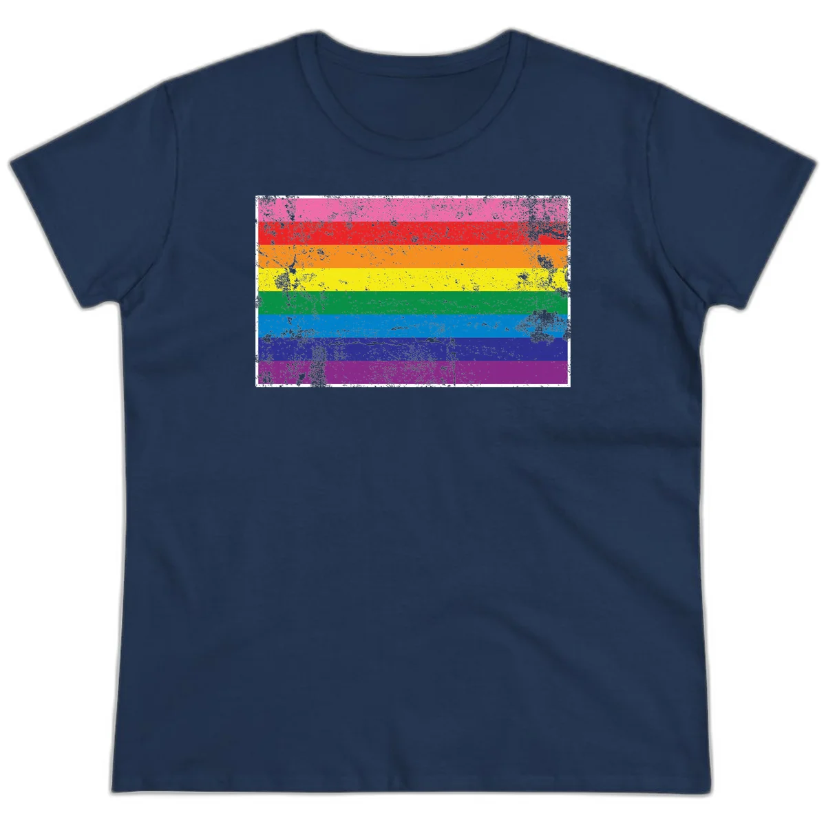 Distressed rainbow pride flag with horizontal stripes in pink, red, orange, yellow, green, blue, purple, and magenta featuring grunge texture overlay. in Navy