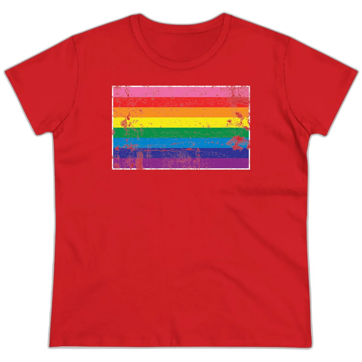 Distressed rainbow pride flag with horizontal stripes in pink, red, orange, yellow, green, blue, purple, and magenta featuring grunge texture overlay. in Red