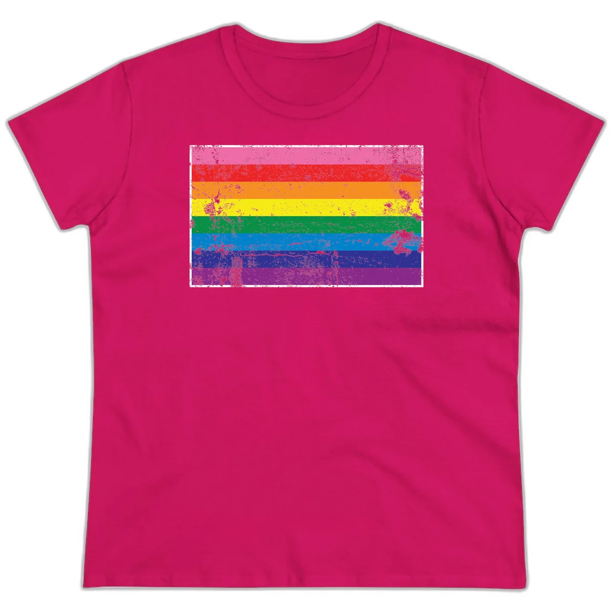 Distressed rainbow pride flag with horizontal stripes in pink, red, orange, yellow, green, blue, purple, and magenta featuring grunge texture overlay. in Heliconia