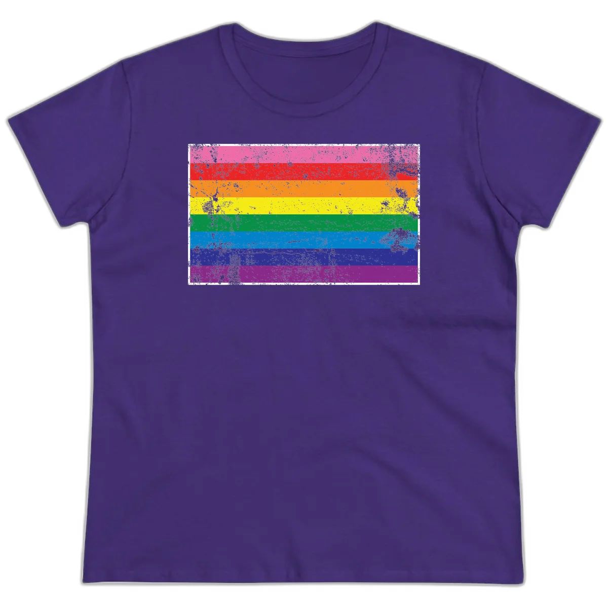 Distressed rainbow pride flag with horizontal stripes in pink, red, orange, yellow, green, blue, purple, and magenta featuring grunge texture overlay. in Purple