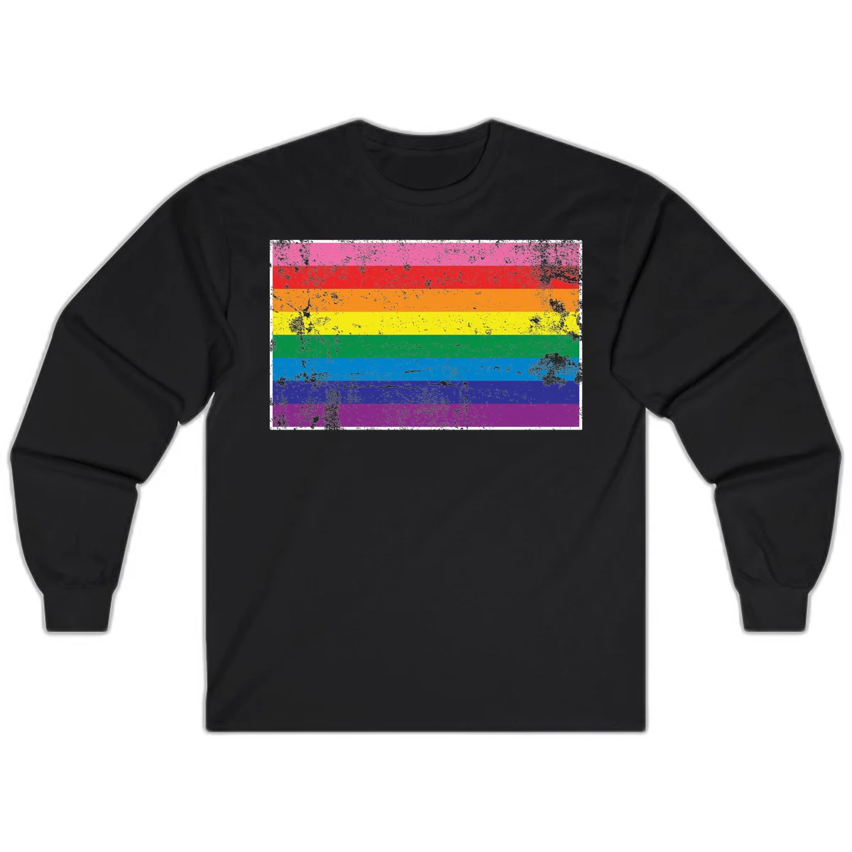 Distressed rainbow pride flag with horizontal stripes in pink, red, orange, yellow, green, blue, purple, and magenta featuring grunge texture overlay. in Black