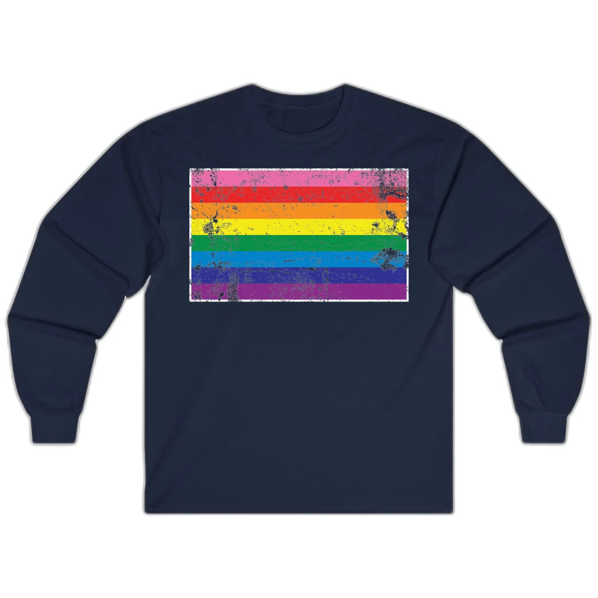 Distressed rainbow pride flag with horizontal stripes in pink, red, orange, yellow, green, blue, purple, and magenta featuring grunge texture overlay. in Navy