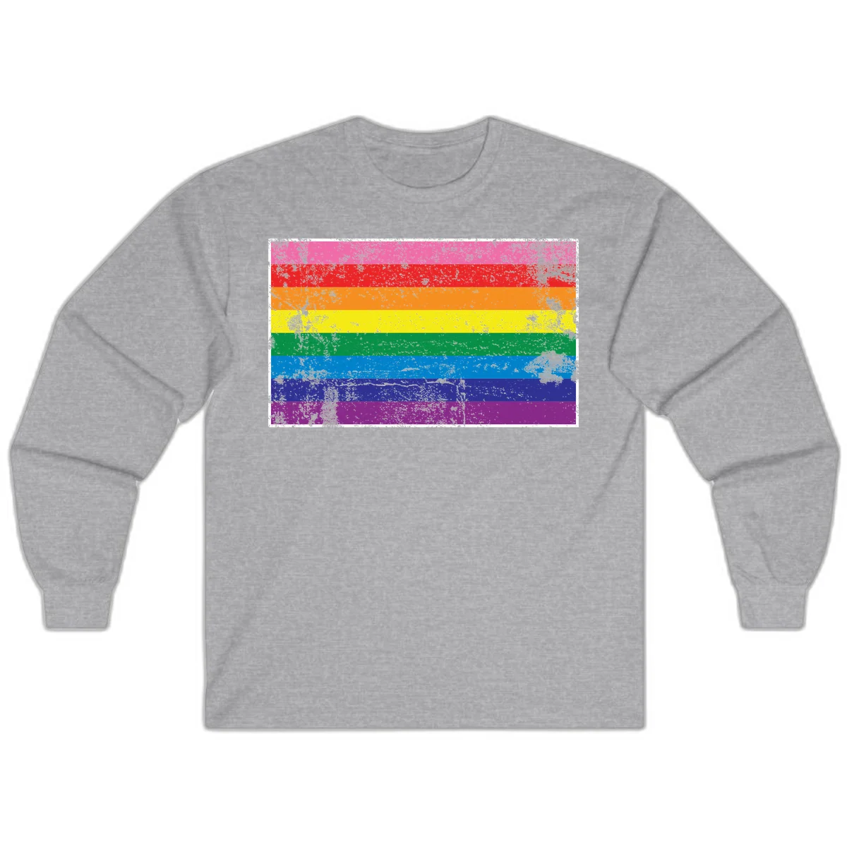 Distressed rainbow pride flag with horizontal stripes in pink, red, orange, yellow, green, blue, purple, and magenta featuring grunge texture overlay. in Sport Grey