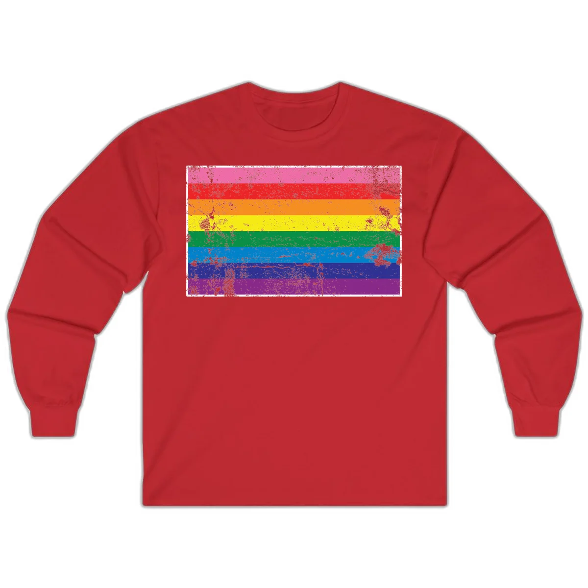Distressed rainbow pride flag with horizontal stripes in pink, red, orange, yellow, green, blue, purple, and magenta featuring grunge texture overlay. in Red