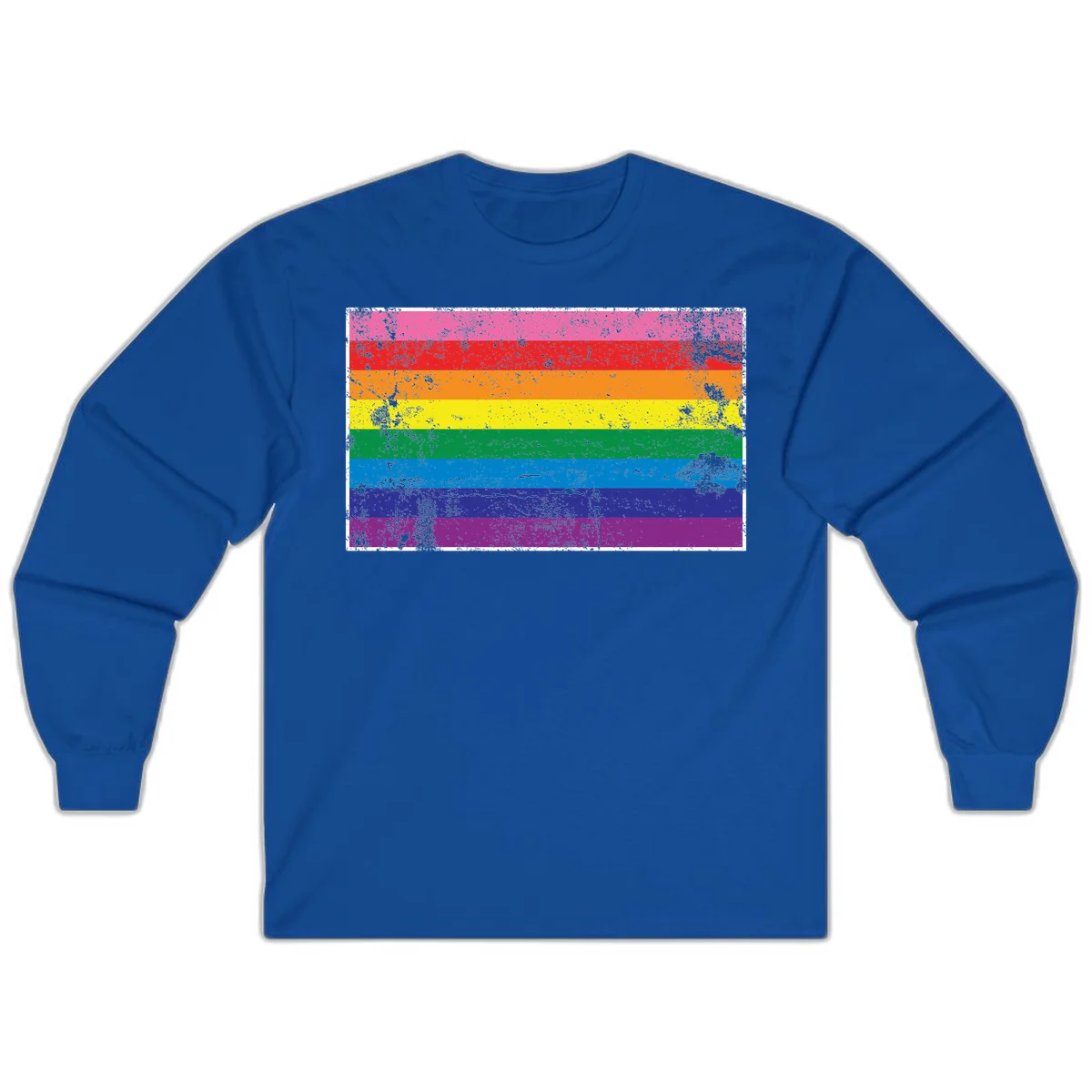 Distressed rainbow pride flag with horizontal stripes in pink, red, orange, yellow, green, blue, purple, and magenta featuring grunge texture overlay. in Royal