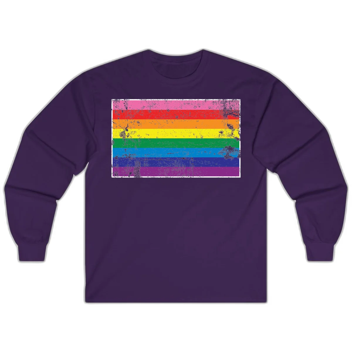 Distressed rainbow pride flag with horizontal stripes in pink, red, orange, yellow, green, blue, purple, and magenta featuring grunge texture overlay. in Purple