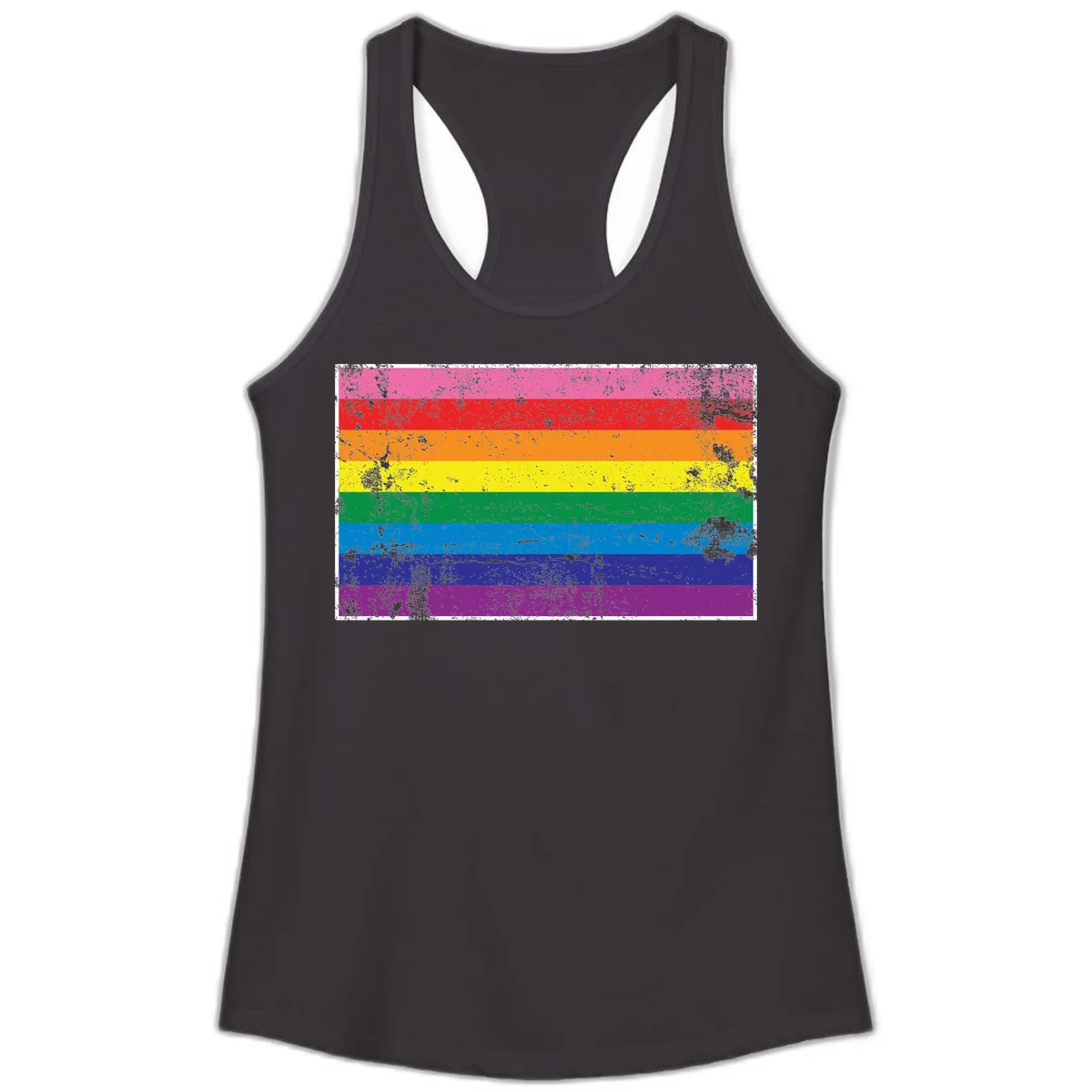 Distressed rainbow pride flag with horizontal stripes in pink, red, orange, yellow, green, blue, purple, and magenta featuring grunge texture overlay. in Black