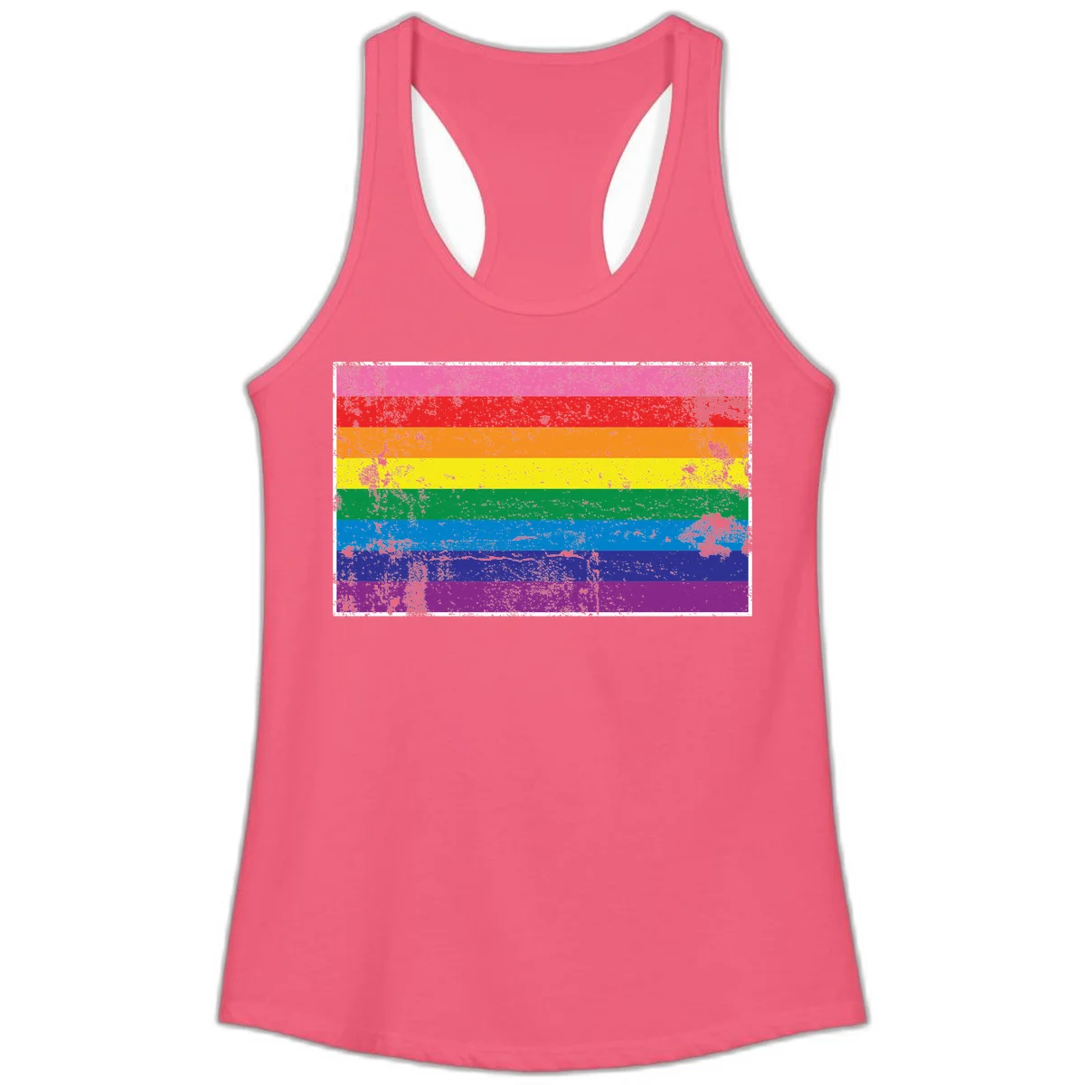 Distressed rainbow pride flag with horizontal stripes in pink, red, orange, yellow, green, blue, purple, and magenta featuring grunge texture overlay. in Hot Pink