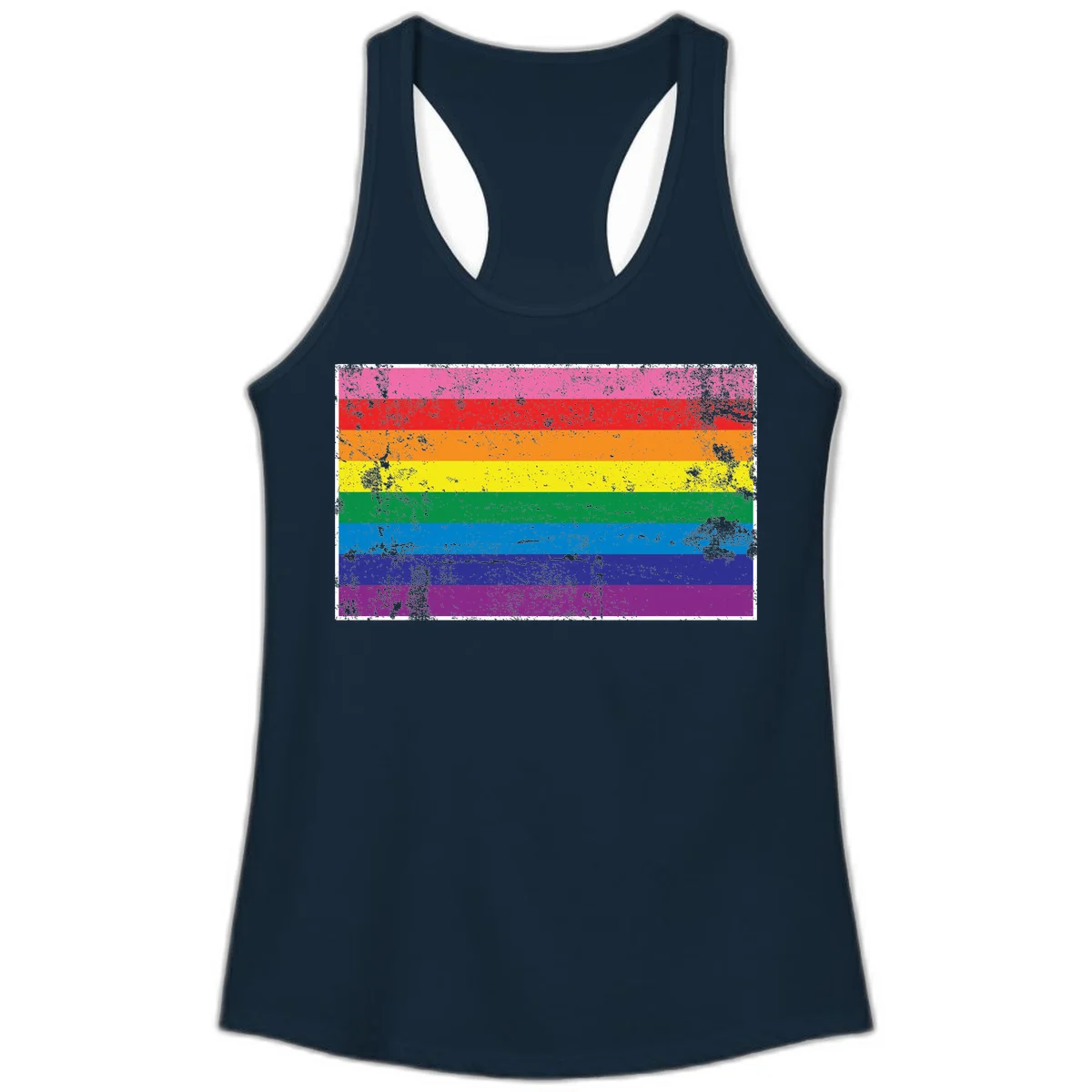Distressed rainbow pride flag with horizontal stripes in pink, red, orange, yellow, green, blue, purple, and magenta featuring grunge texture overlay. in Solid Midnight Navy