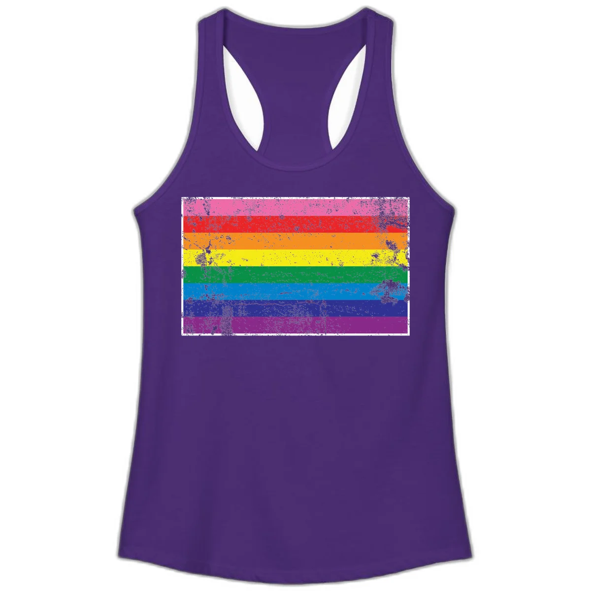 Distressed rainbow pride flag with horizontal stripes in pink, red, orange, yellow, green, blue, purple, and magenta featuring grunge texture overlay. in Solid Purple Rush