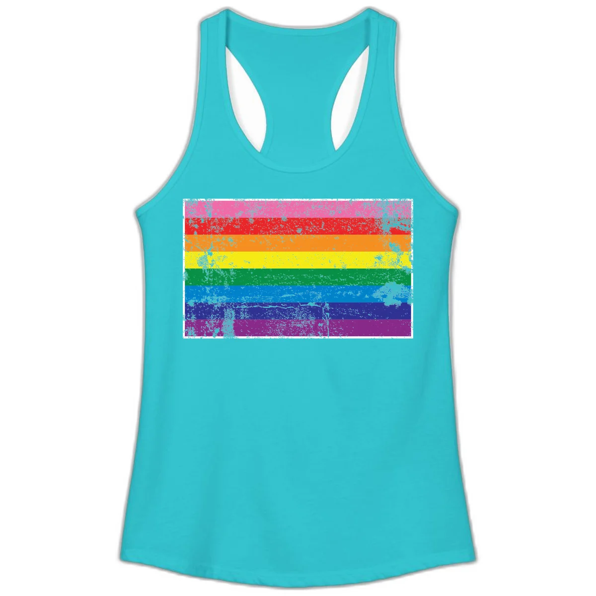 Distressed rainbow pride flag with horizontal stripes in pink, red, orange, yellow, green, blue, purple, and magenta featuring grunge texture overlay. in Solid Tahiti Blue