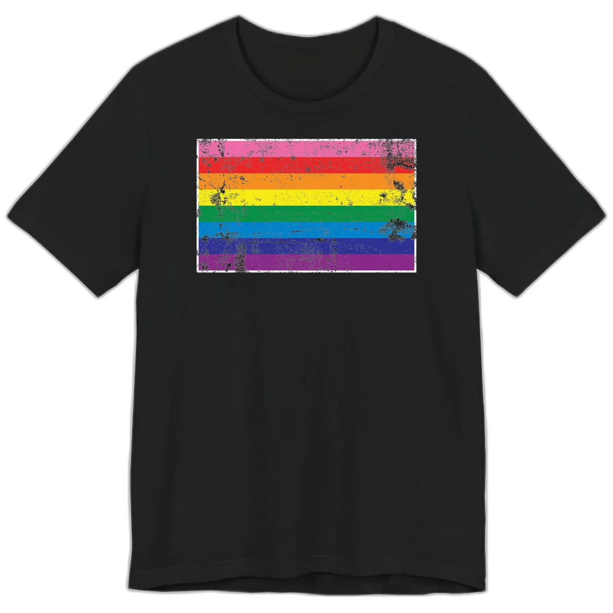 Distressed rainbow pride flag with horizontal stripes in pink, red, orange, yellow, green, blue, purple, and magenta featuring grunge texture overlay. in Black
