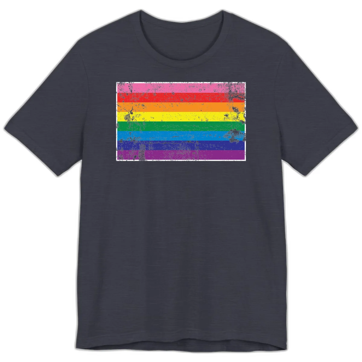 Distressed rainbow pride flag with horizontal stripes in pink, red, orange, yellow, green, blue, purple, and magenta featuring grunge texture overlay. in Heather Midnight Navy