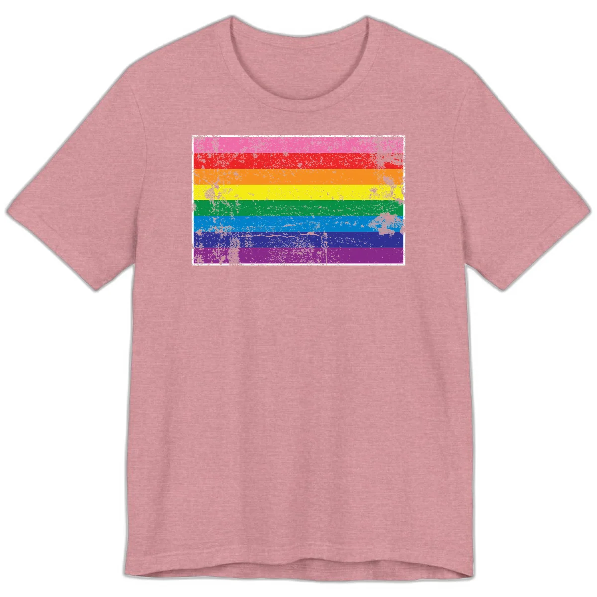 Distressed rainbow pride flag with horizontal stripes in pink, red, orange, yellow, green, blue, purple, and magenta featuring grunge texture overlay. in Heather Orchid