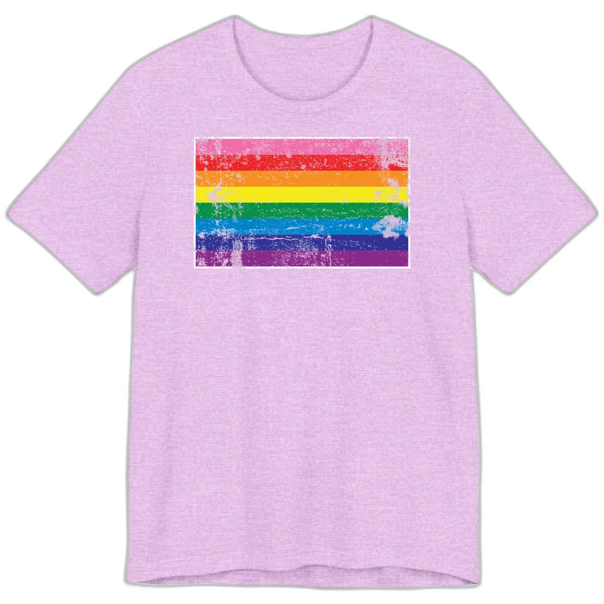 Distressed rainbow pride flag with horizontal stripes in pink, red, orange, yellow, green, blue, purple, and magenta featuring grunge texture overlay. in Heather Prism Lilac
