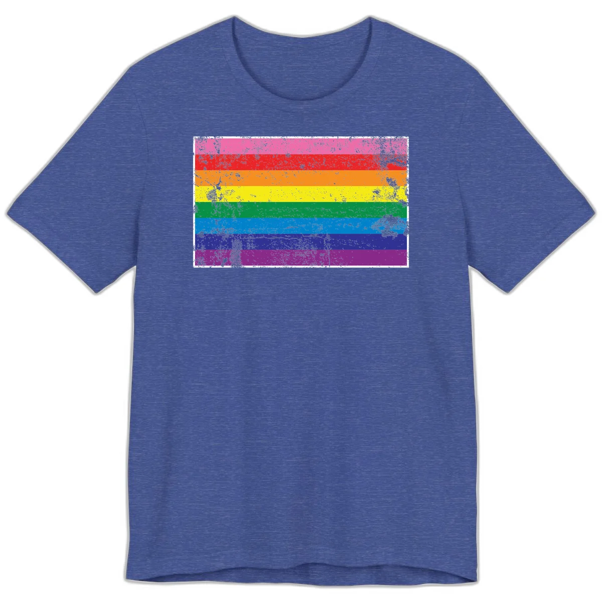 Distressed rainbow pride flag with horizontal stripes in pink, red, orange, yellow, green, blue, purple, and magenta featuring grunge texture overlay. in Heather True Royal