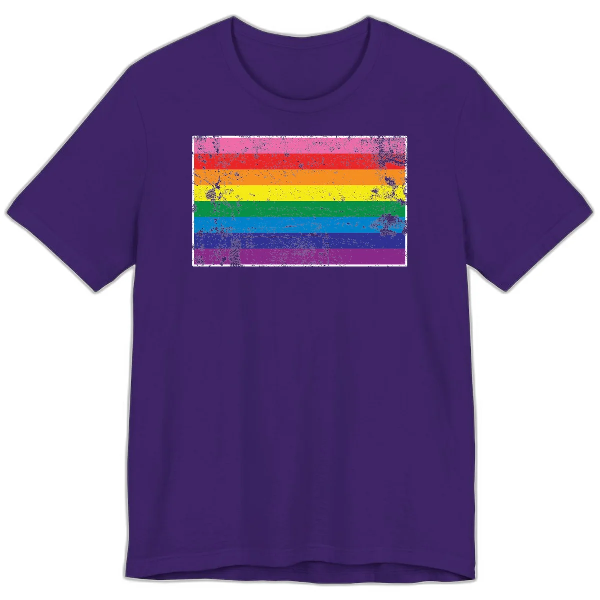 Distressed rainbow pride flag with horizontal stripes in pink, red, orange, yellow, green, blue, purple, and magenta featuring grunge texture overlay. in Team Purple