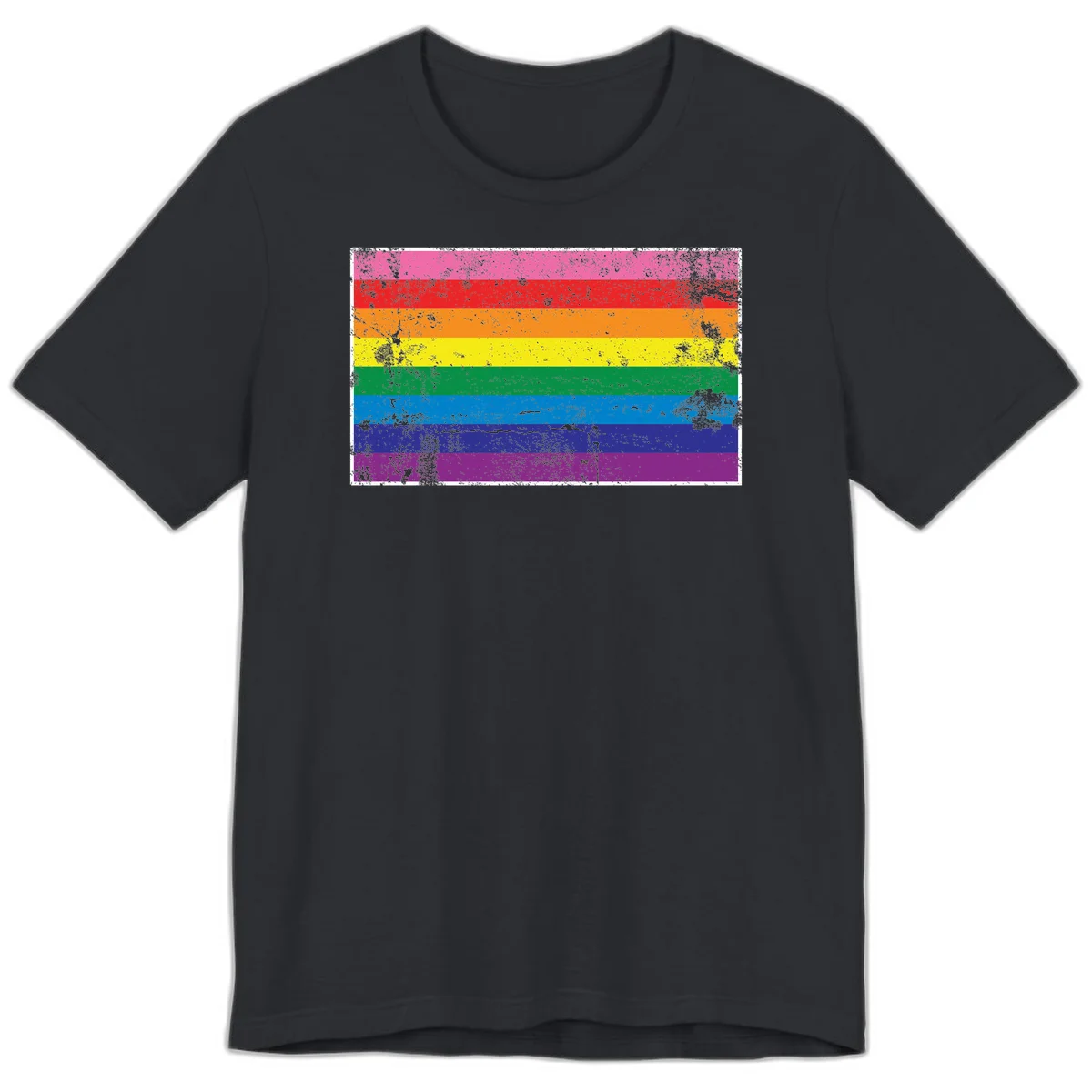Distressed rainbow pride flag with horizontal stripes in pink, red, orange, yellow, green, blue, purple, and magenta featuring grunge texture overlay. in Vintage Black