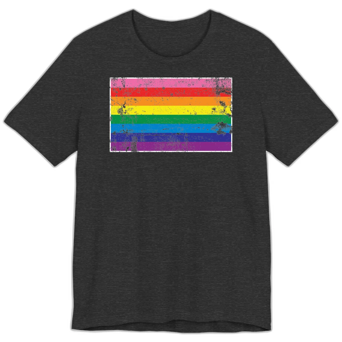 Distressed rainbow pride flag with horizontal stripes in pink, red, orange, yellow, green, blue, purple, and magenta featuring grunge texture overlay. in Dark Grey Heather