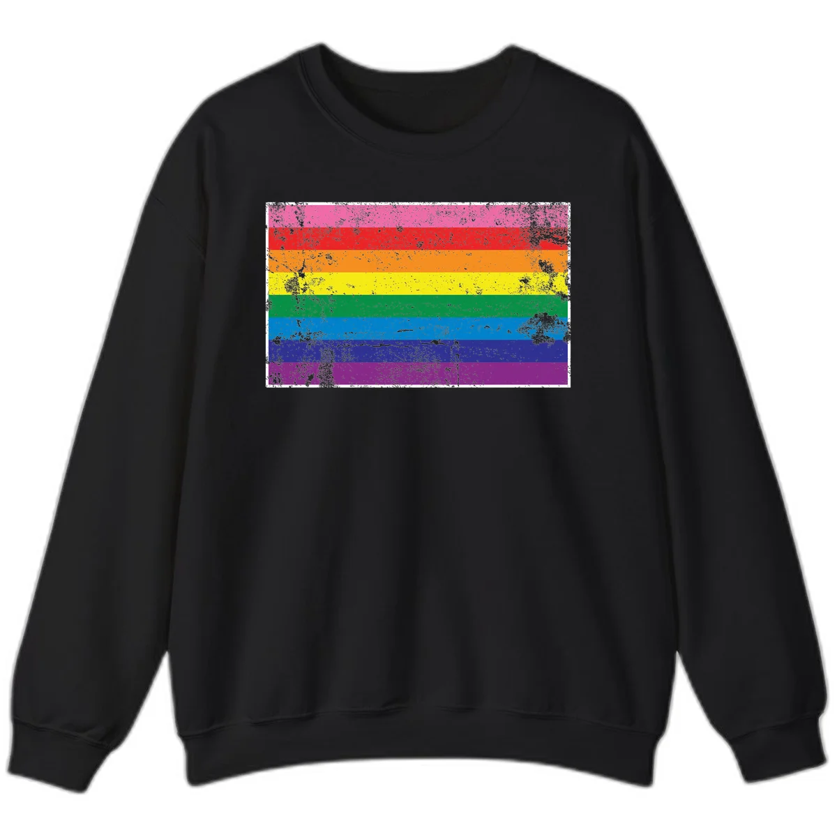 Distressed rainbow pride flag with horizontal stripes in pink, red, orange, yellow, green, blue, purple, and magenta featuring grunge texture overlay. in Black