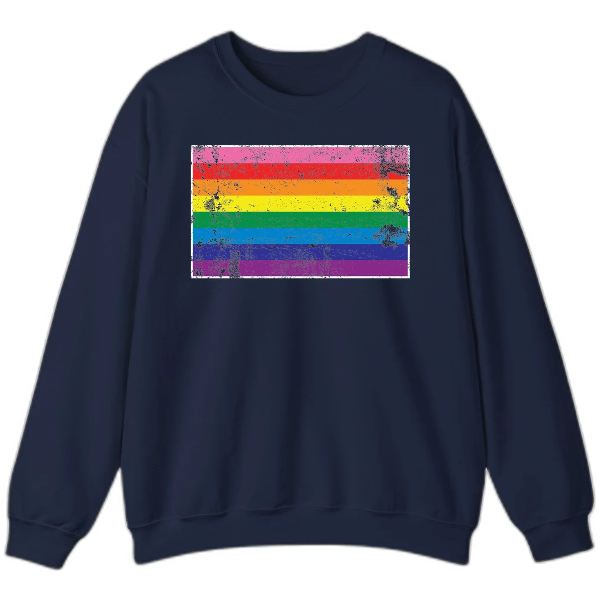 Distressed rainbow pride flag with horizontal stripes in pink, red, orange, yellow, green, blue, purple, and magenta featuring grunge texture overlay. in Navy