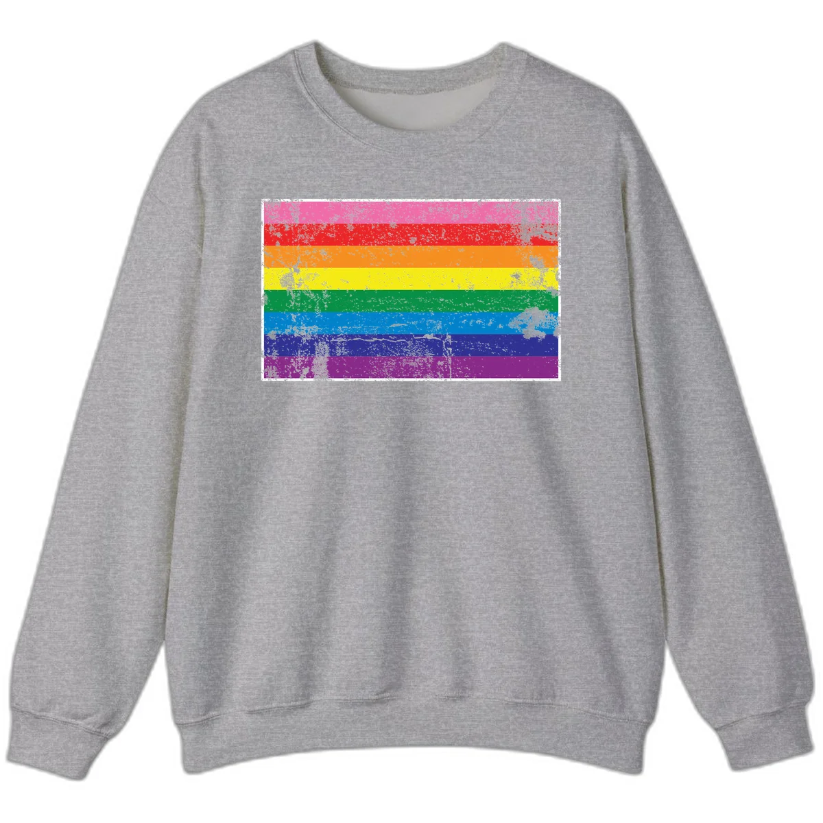 Distressed rainbow pride flag with horizontal stripes in pink, red, orange, yellow, green, blue, purple, and magenta featuring grunge texture overlay. in Sport Grey