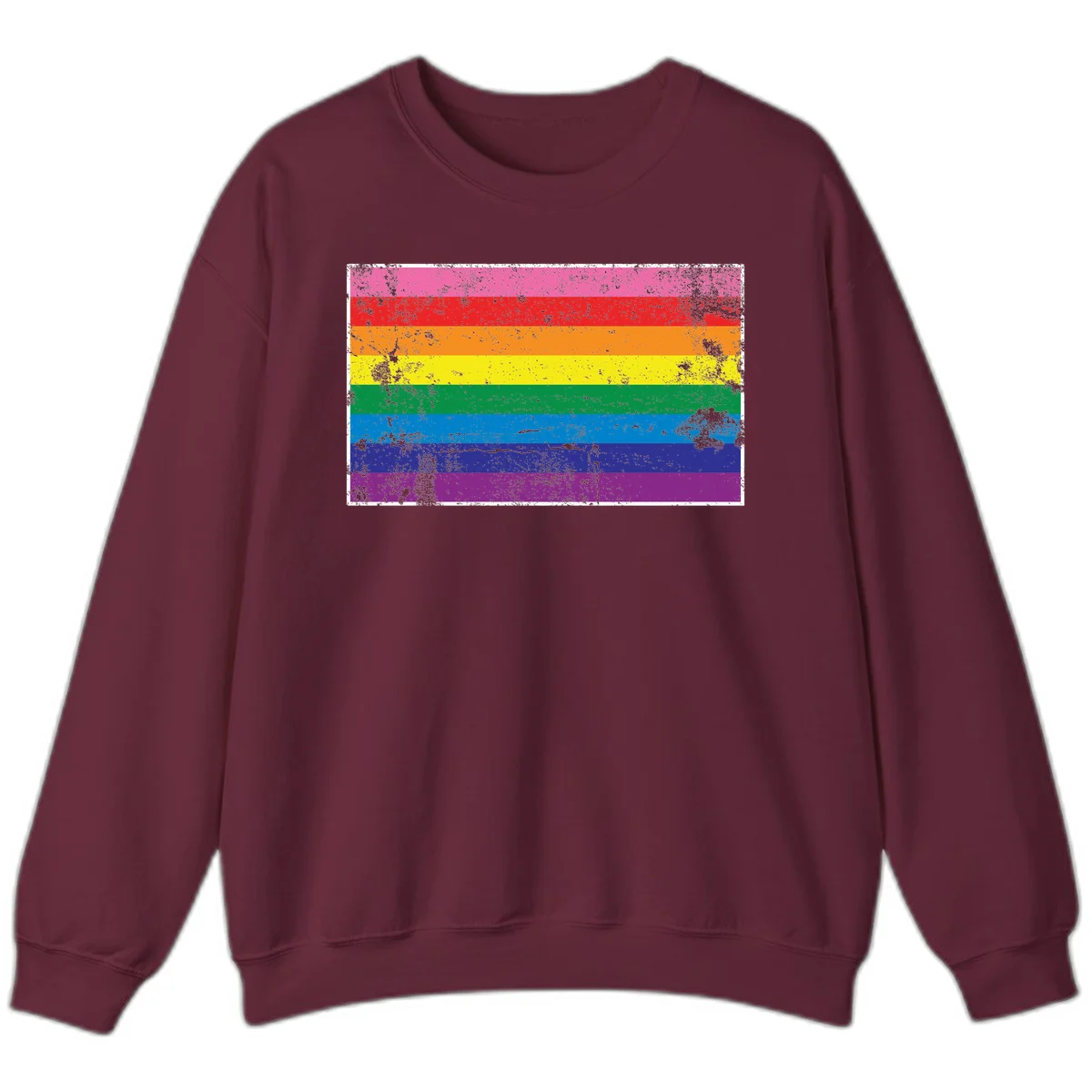 Distressed rainbow pride flag with horizontal stripes in pink, red, orange, yellow, green, blue, purple, and magenta featuring grunge texture overlay. in Maroon