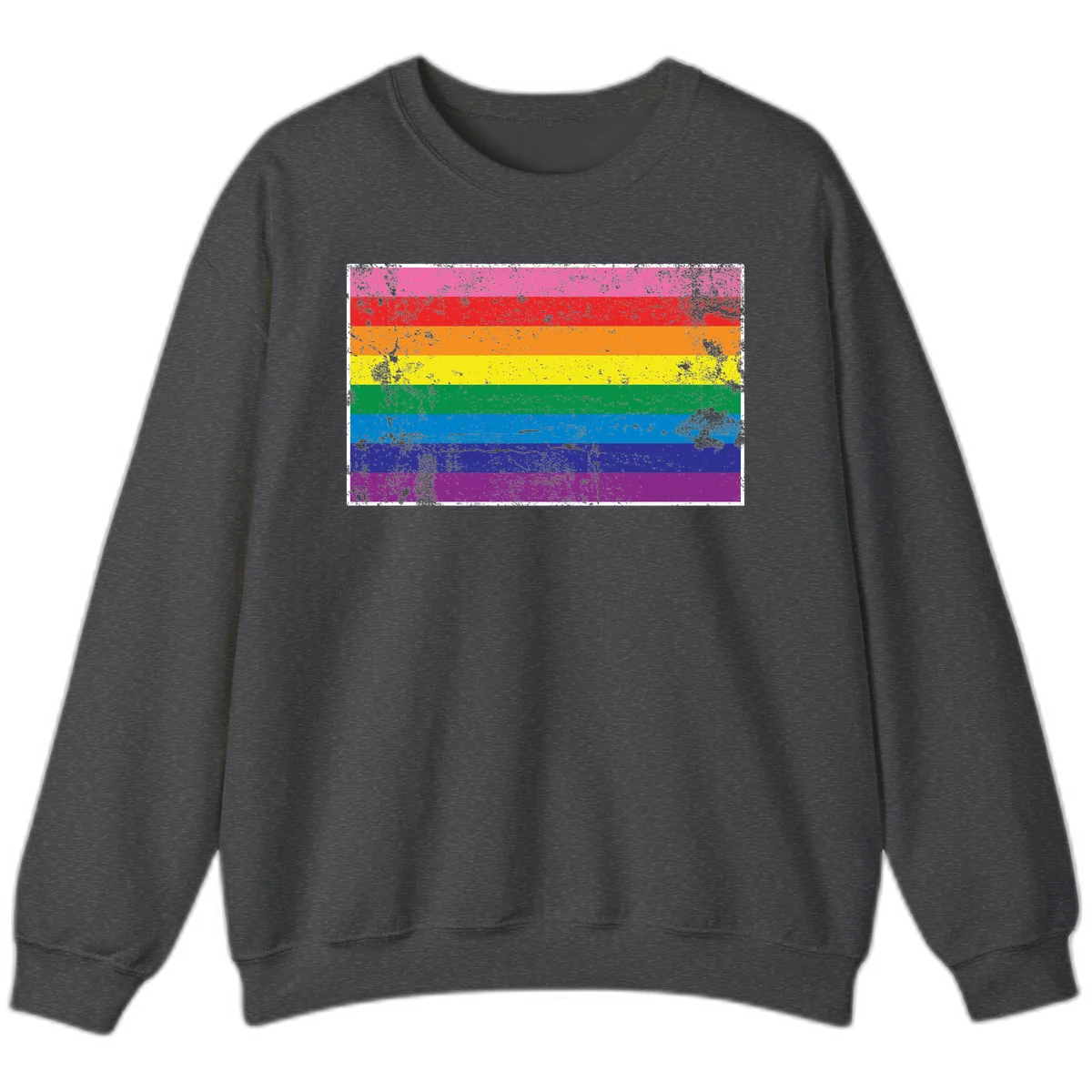 Distressed rainbow pride flag with horizontal stripes in pink, red, orange, yellow, green, blue, purple, and magenta featuring grunge texture overlay. in Dark Heather