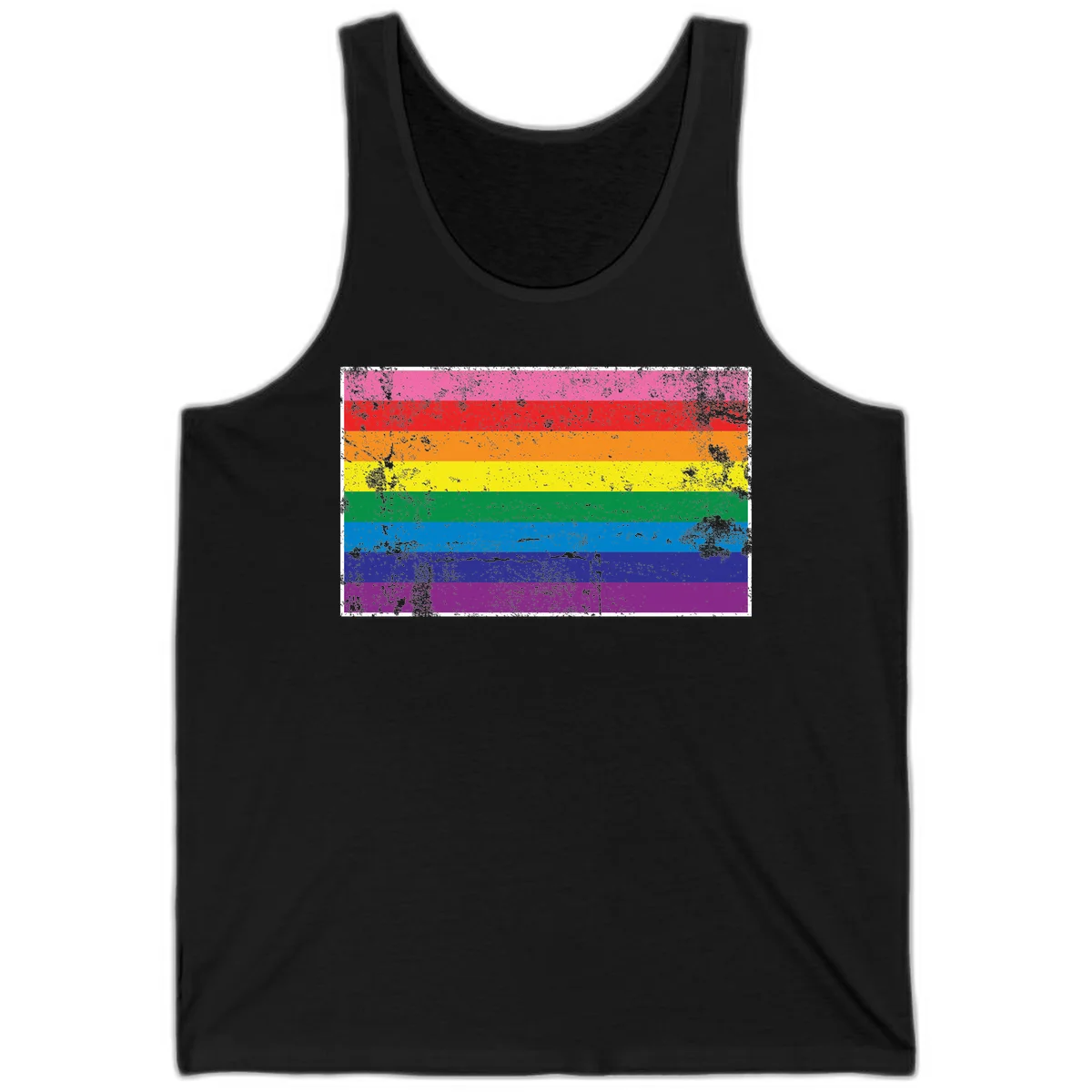 Distressed rainbow pride flag with horizontal stripes in pink, red, orange, yellow, green, blue, purple, and magenta featuring grunge texture overlay. in Black