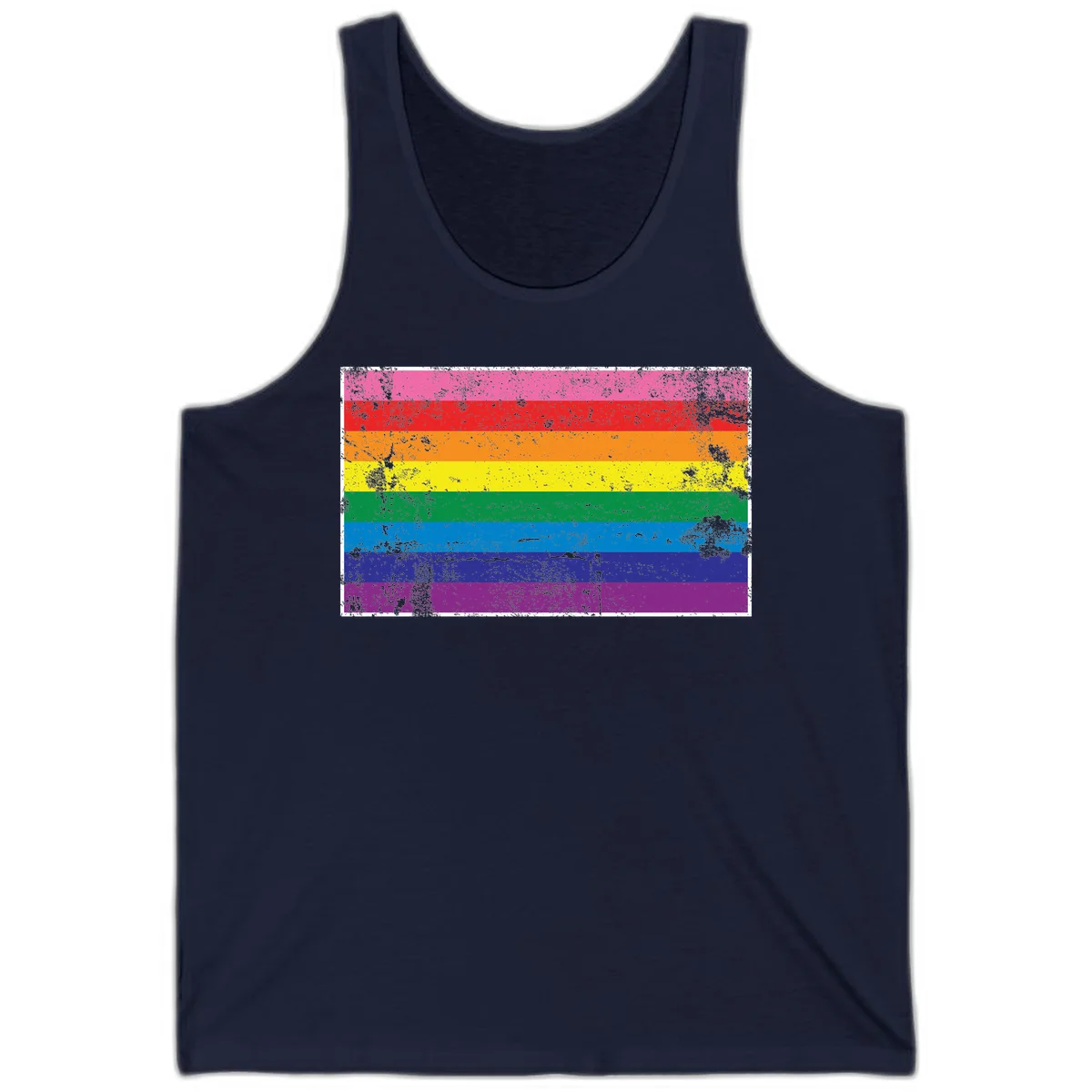 Distressed rainbow pride flag with horizontal stripes in pink, red, orange, yellow, green, blue, purple, and magenta featuring grunge texture overlay. in Navy