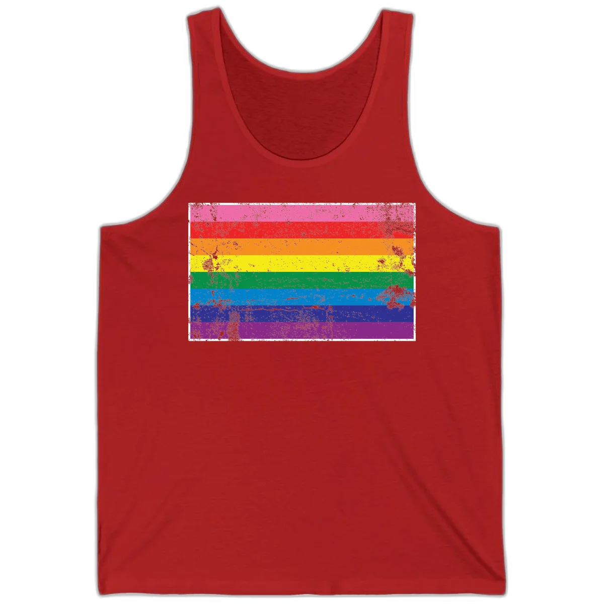 Distressed rainbow pride flag with horizontal stripes in pink, red, orange, yellow, green, blue, purple, and magenta featuring grunge texture overlay. in Red