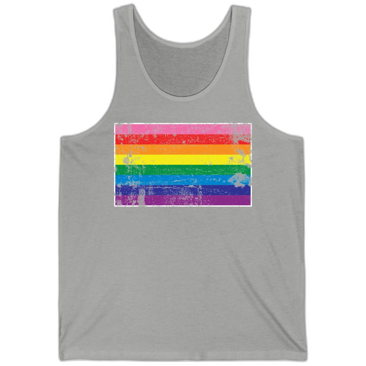 Distressed rainbow pride flag with horizontal stripes in pink, red, orange, yellow, green, blue, purple, and magenta featuring grunge texture overlay. in Athletic Heather