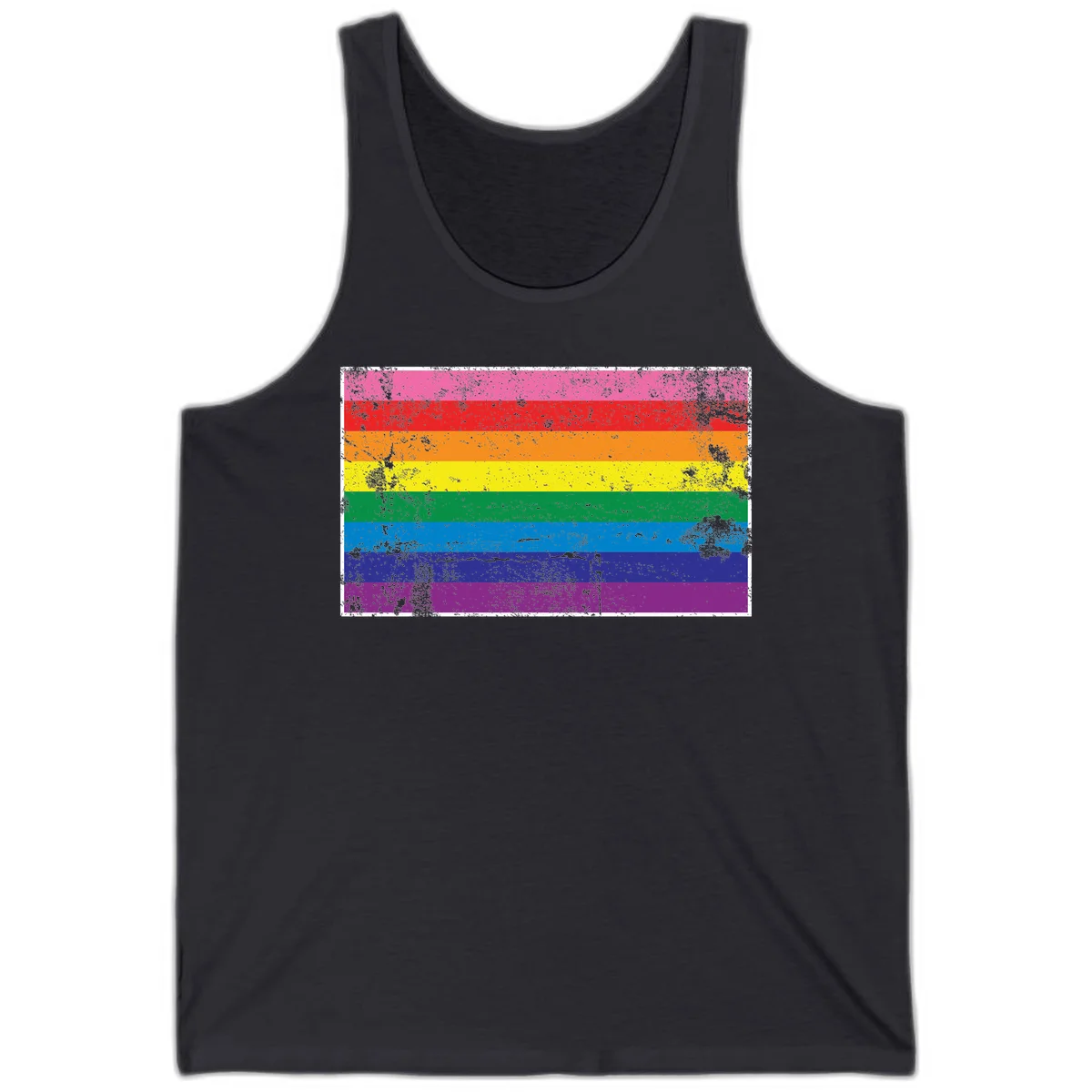 Distressed rainbow pride flag with horizontal stripes in pink, red, orange, yellow, green, blue, purple, and magenta featuring grunge texture overlay. in Dark Grey