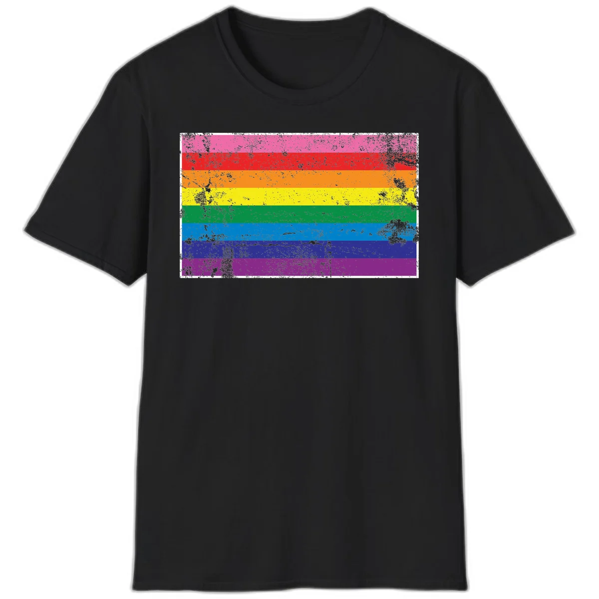 Distressed rainbow pride flag with horizontal stripes in pink, red, orange, yellow, green, blue, purple, and magenta featuring grunge texture overlay. in Black