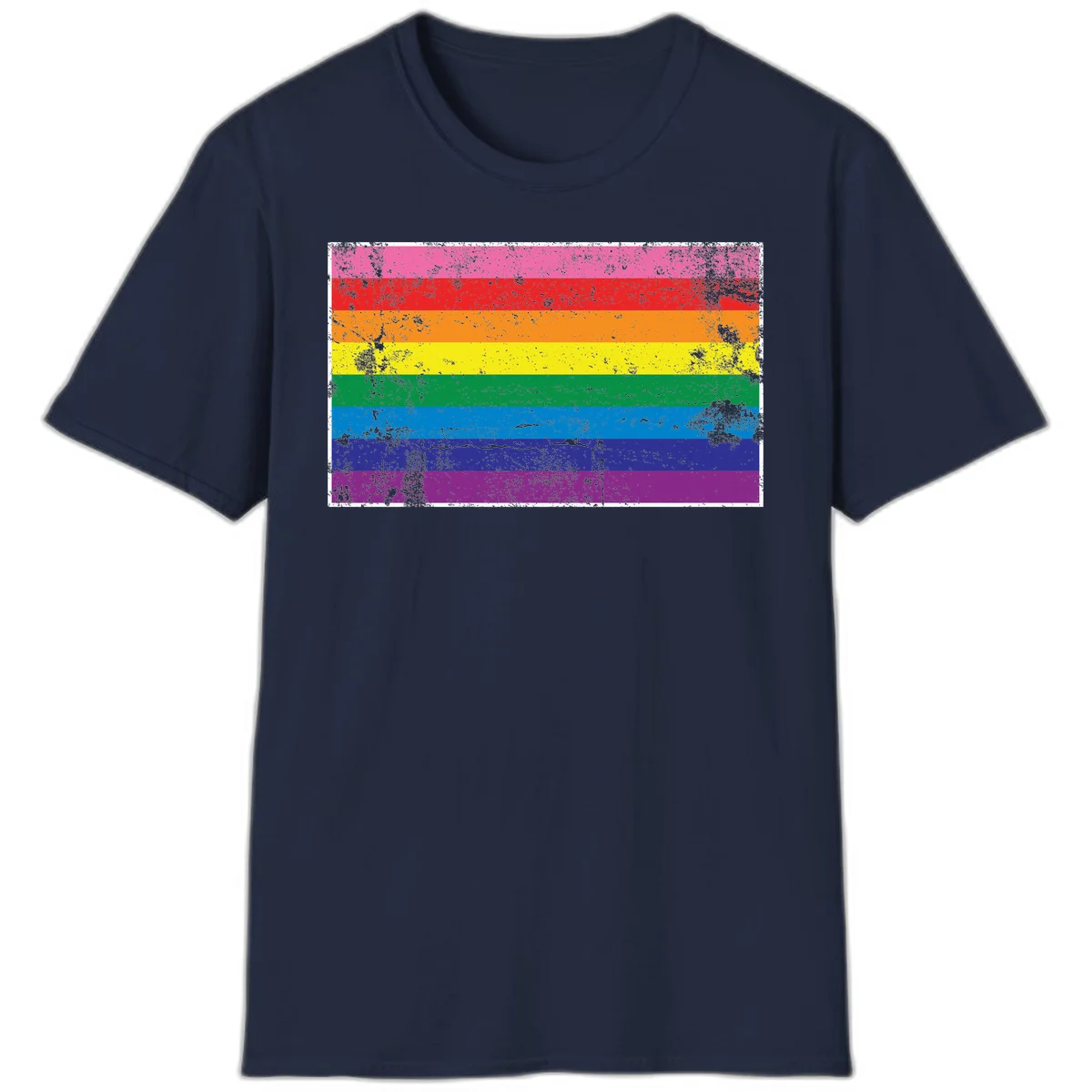 Distressed rainbow pride flag with horizontal stripes in pink, red, orange, yellow, green, blue, purple, and magenta featuring grunge texture overlay. in Navy