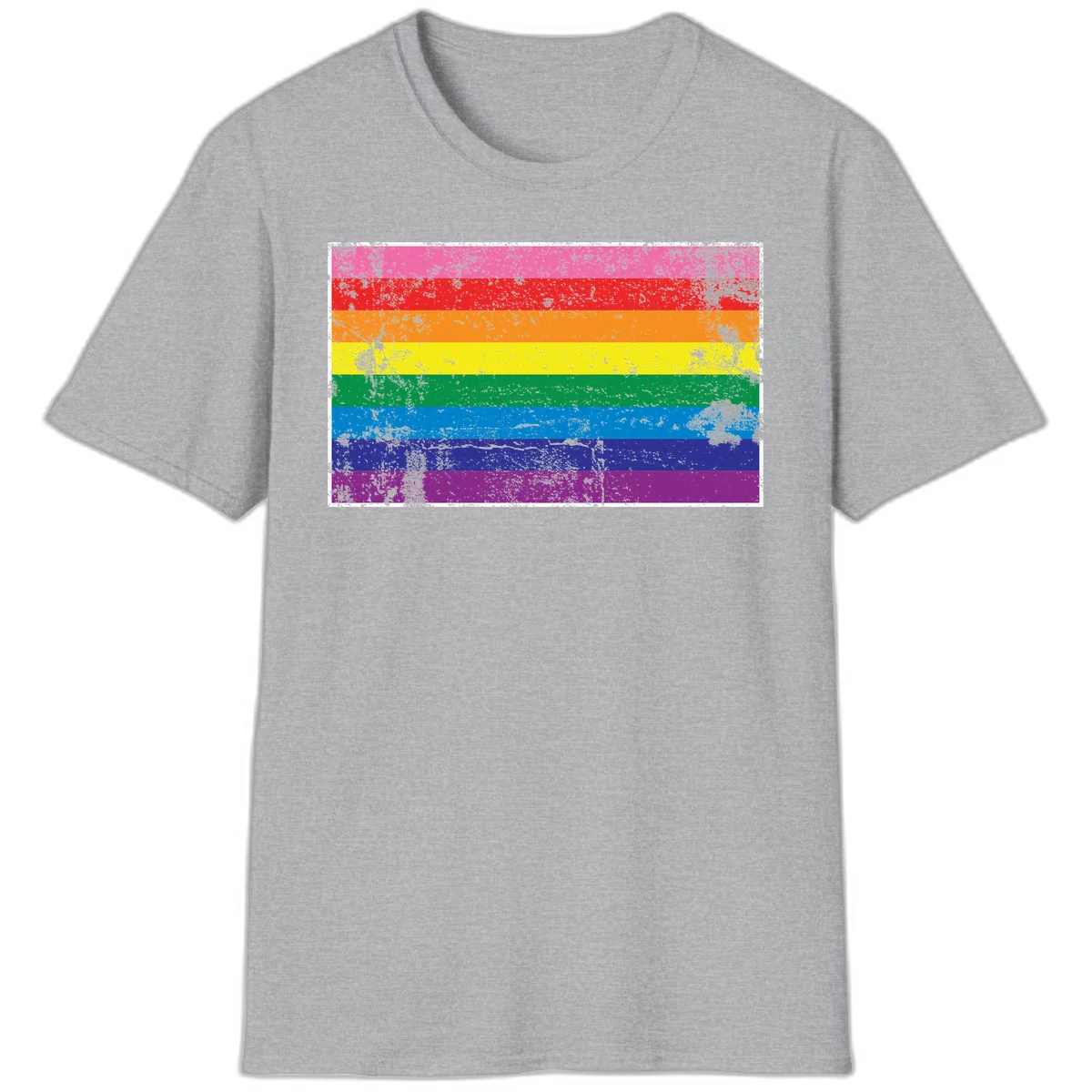 Distressed rainbow pride flag with horizontal stripes in pink, red, orange, yellow, green, blue, purple, and magenta featuring grunge texture overlay. in Sport Grey