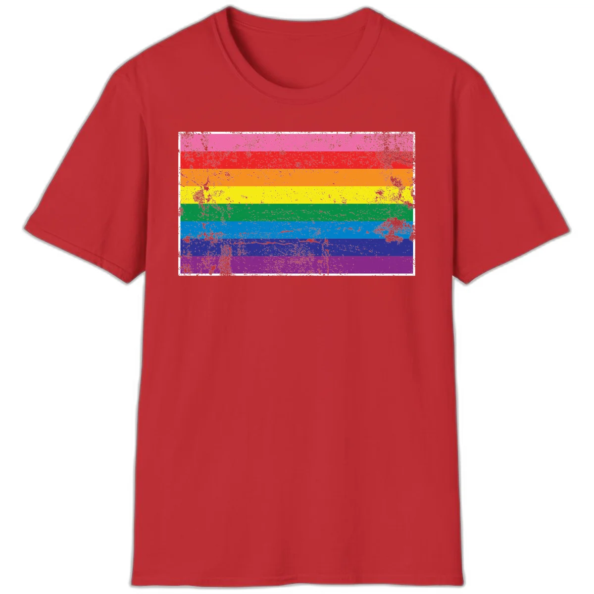 Distressed rainbow pride flag with horizontal stripes in pink, red, orange, yellow, green, blue, purple, and magenta featuring grunge texture overlay. in Red
