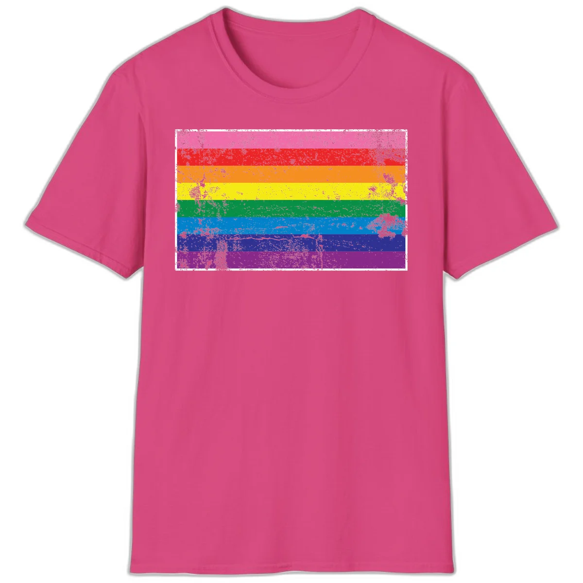 Distressed rainbow pride flag with horizontal stripes in pink, red, orange, yellow, green, blue, purple, and magenta featuring grunge texture overlay. in Heliconia