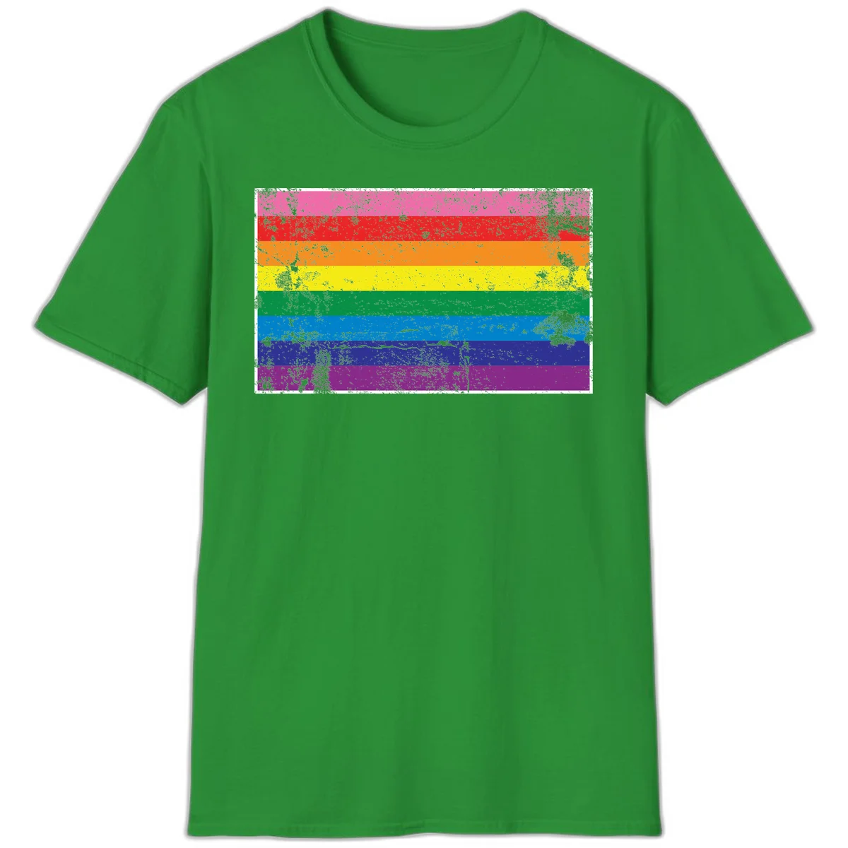 Distressed rainbow pride flag with horizontal stripes in pink, red, orange, yellow, green, blue, purple, and magenta featuring grunge texture overlay. in Irish Green