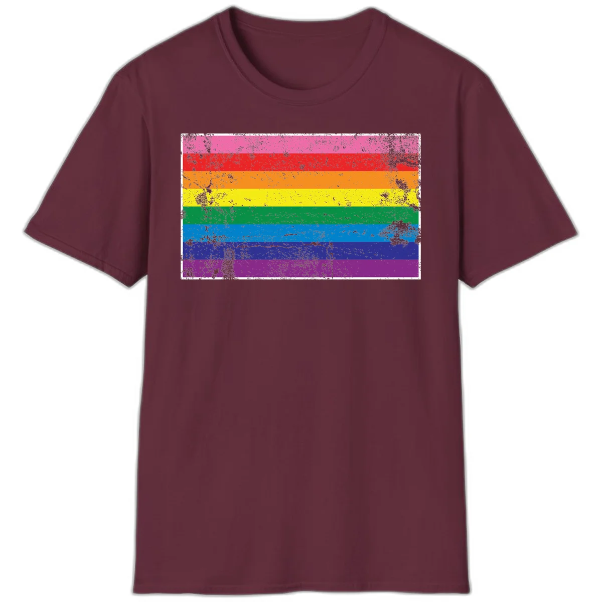 Distressed rainbow pride flag with horizontal stripes in pink, red, orange, yellow, green, blue, purple, and magenta featuring grunge texture overlay. in Maroon