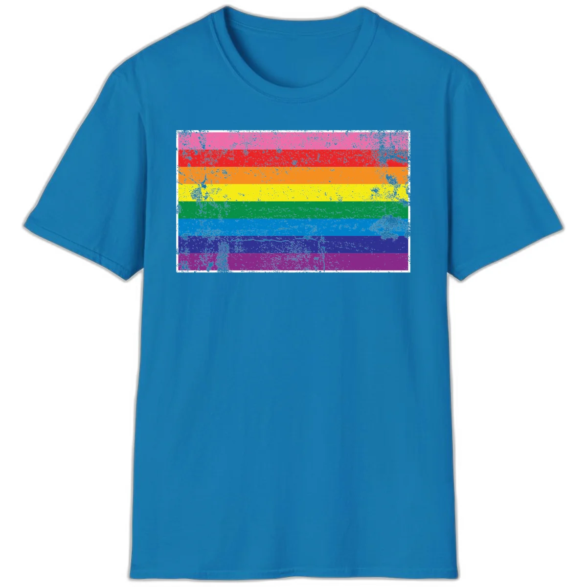 Distressed rainbow pride flag with horizontal stripes in pink, red, orange, yellow, green, blue, purple, and magenta featuring grunge texture overlay. in Sapphire