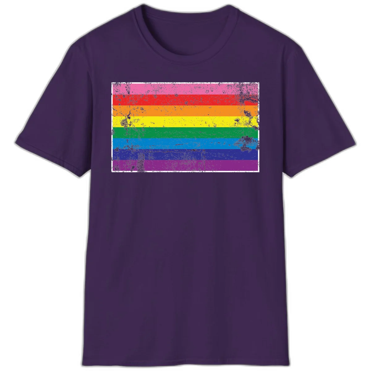 Distressed rainbow pride flag with horizontal stripes in pink, red, orange, yellow, green, blue, purple, and magenta featuring grunge texture overlay. in Purple