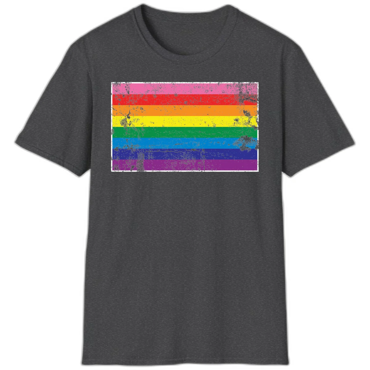 Distressed rainbow pride flag with horizontal stripes in pink, red, orange, yellow, green, blue, purple, and magenta featuring grunge texture overlay. in Dark Heather