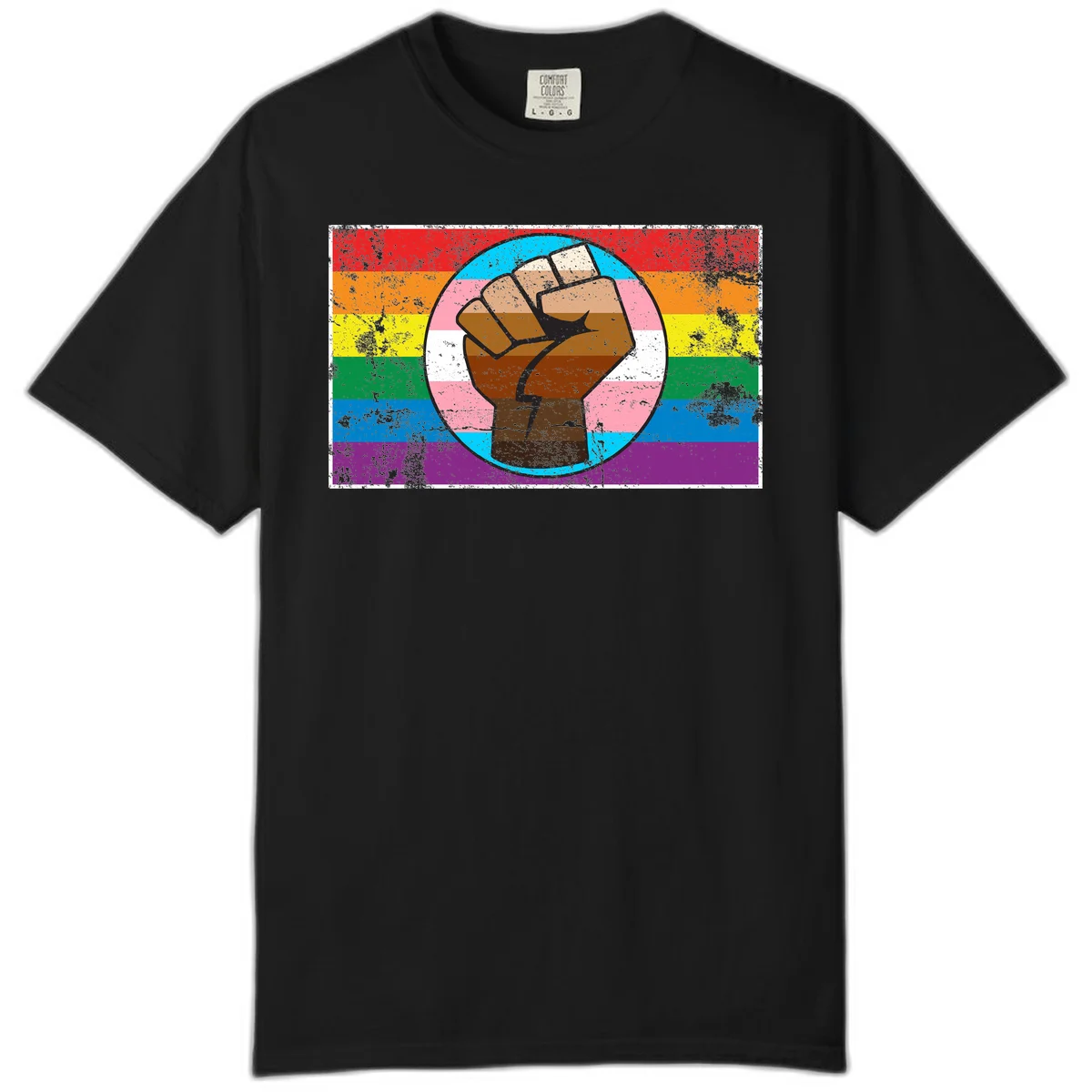 Raised brown fist in circular badge with rainbow pride flag and trans flag stripe background symbolizing LGBTQ+ solidarity in Black